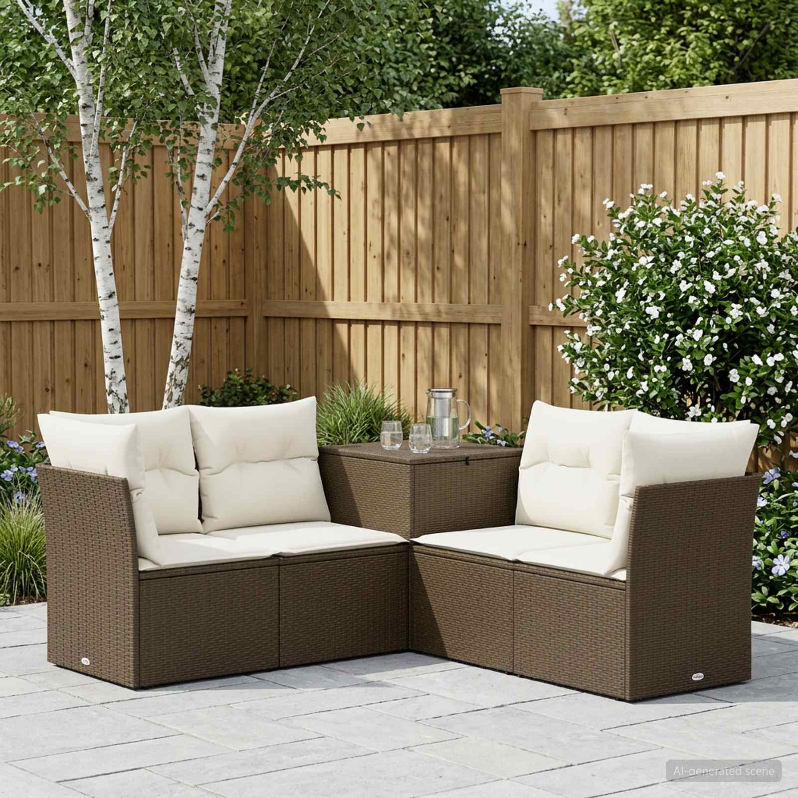 Sofa Set 5 stk. Braun und Creme Weiß Polyrattan und Stahl