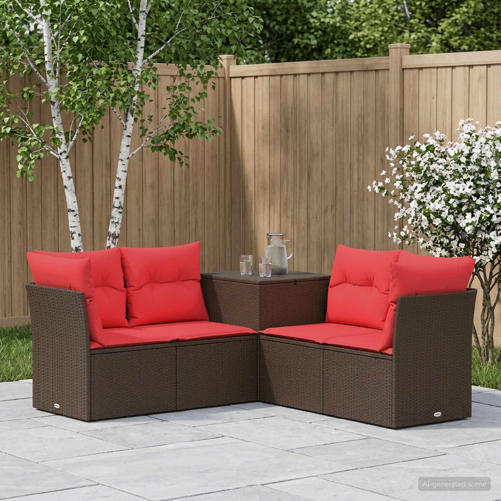 Sofa Set 5 stk. Braun und Rot Polyrattan und Stahl