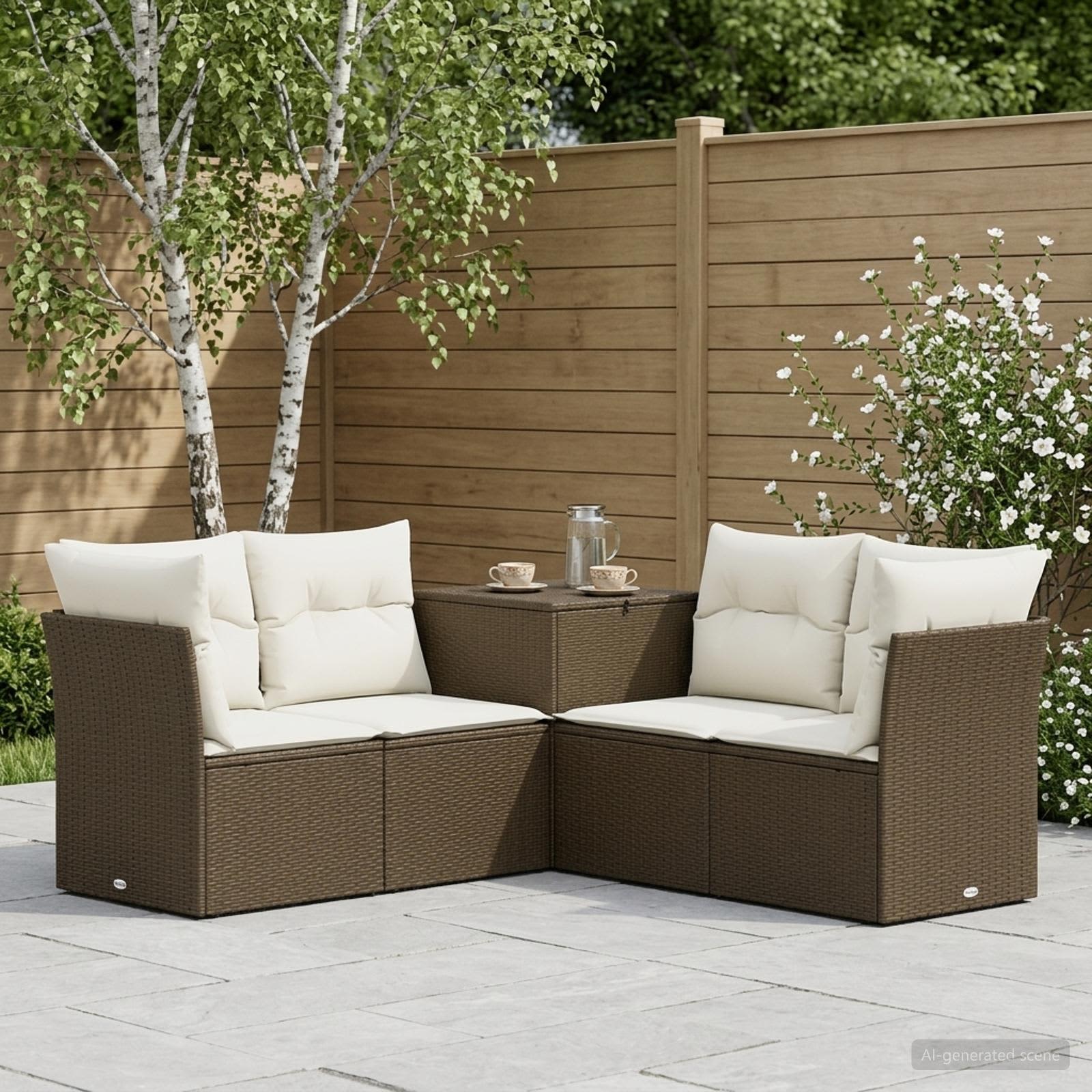 Sofa Set 5 stk. Braun und Creme Weiß Polyrattan und Stahl
