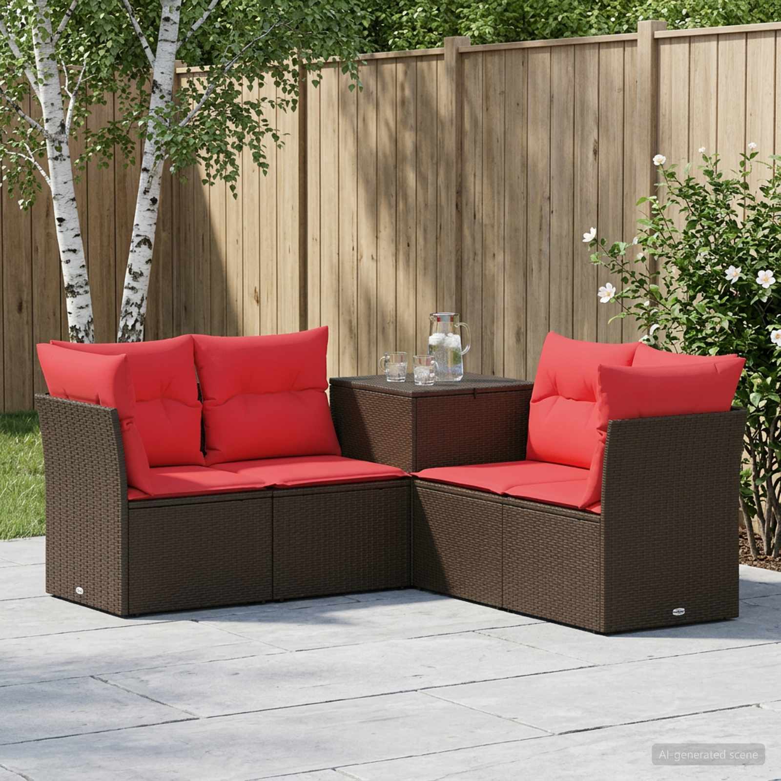 Sofa Set 5 stk. Braun und Rot Polyrattan und Stahl