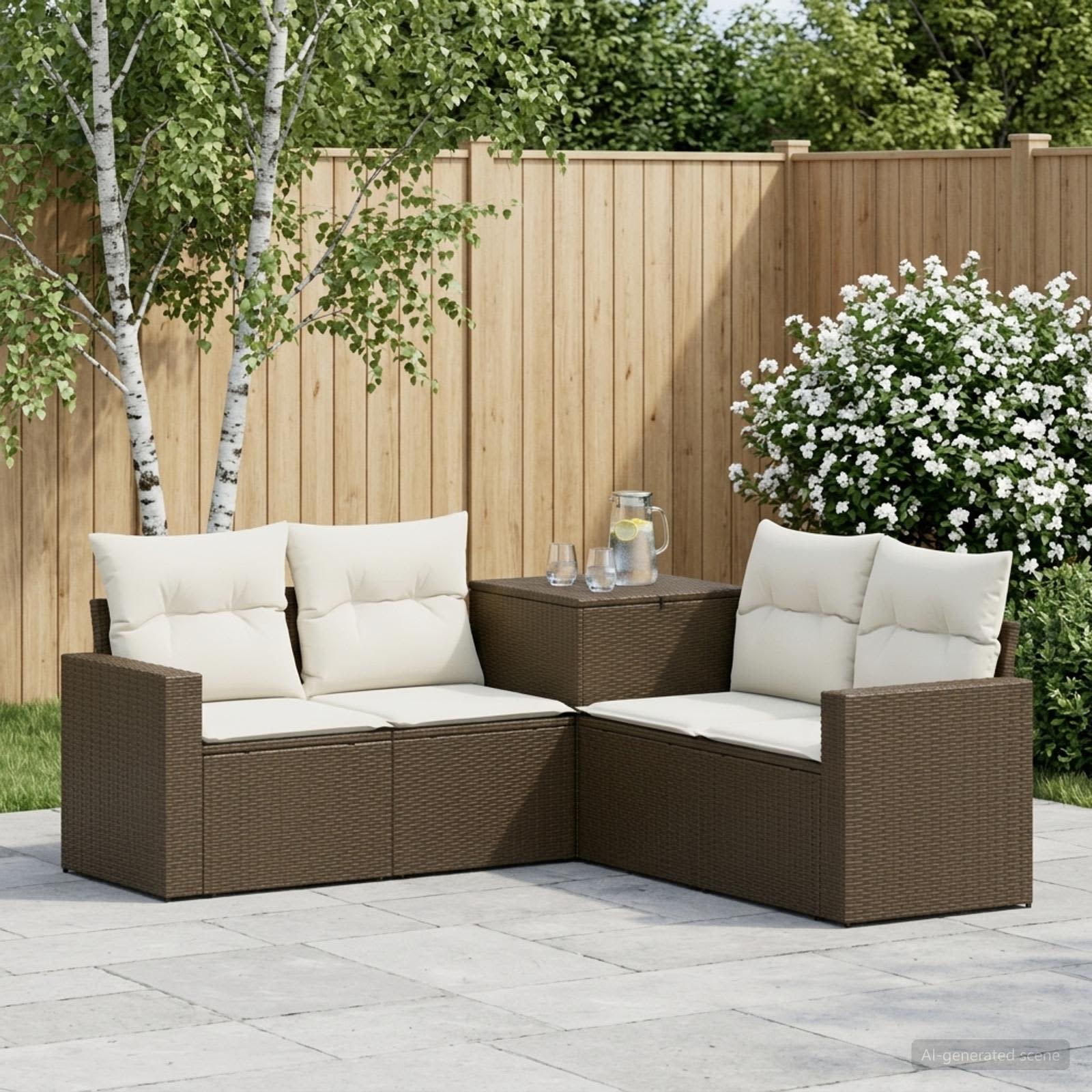 Sofa Set 5 stk. Braun und Creme Weiß Polyrattan und Stahl