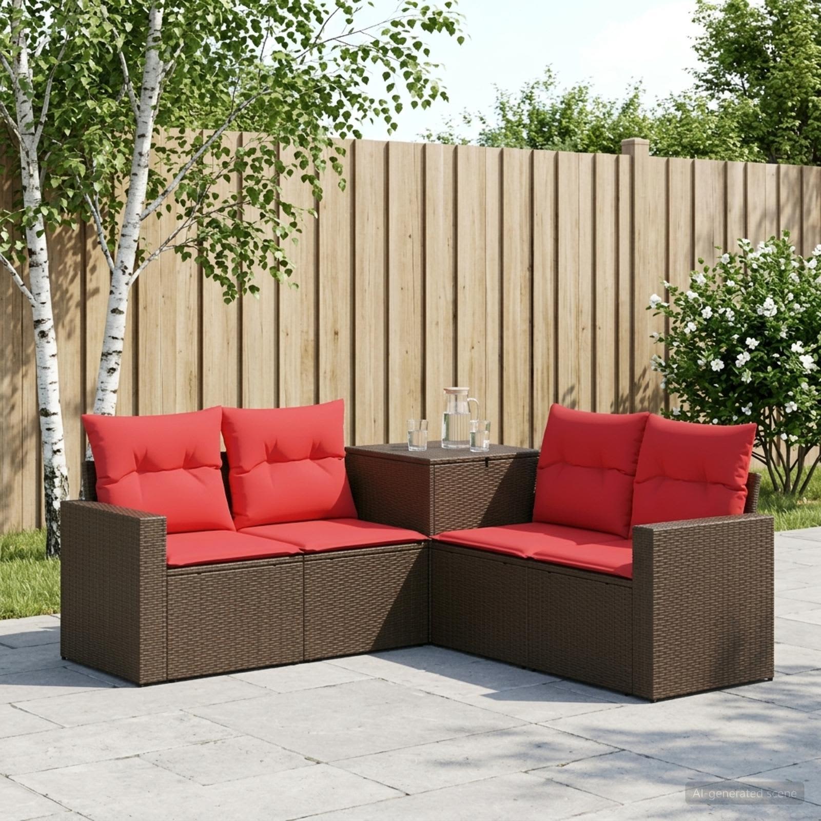 Sofa Set 5 stk. Braun und Rot Polyrattan und Stahl