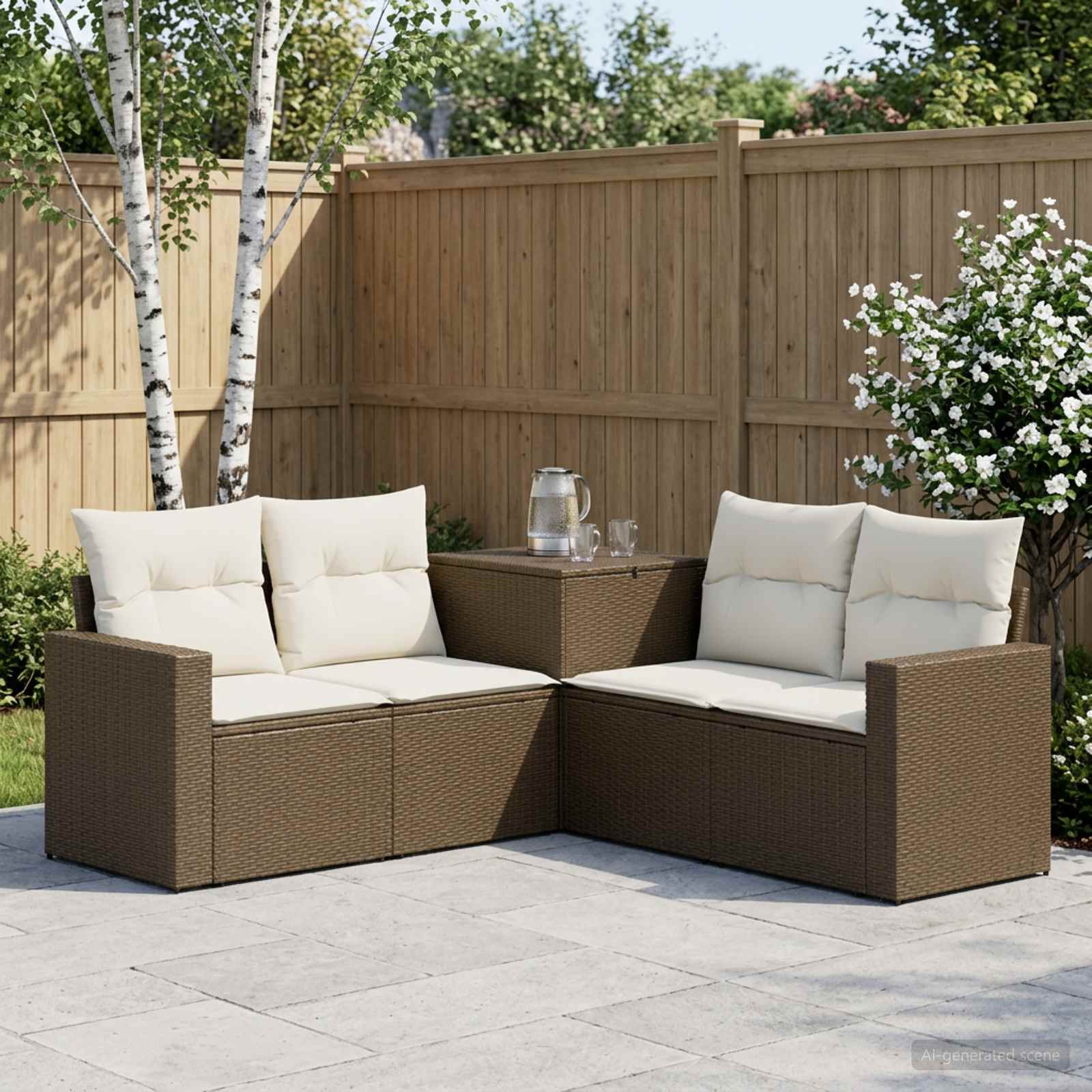 Sofa Set 5 stk. Braun und Creme Weiß Polyrattan und Stahl