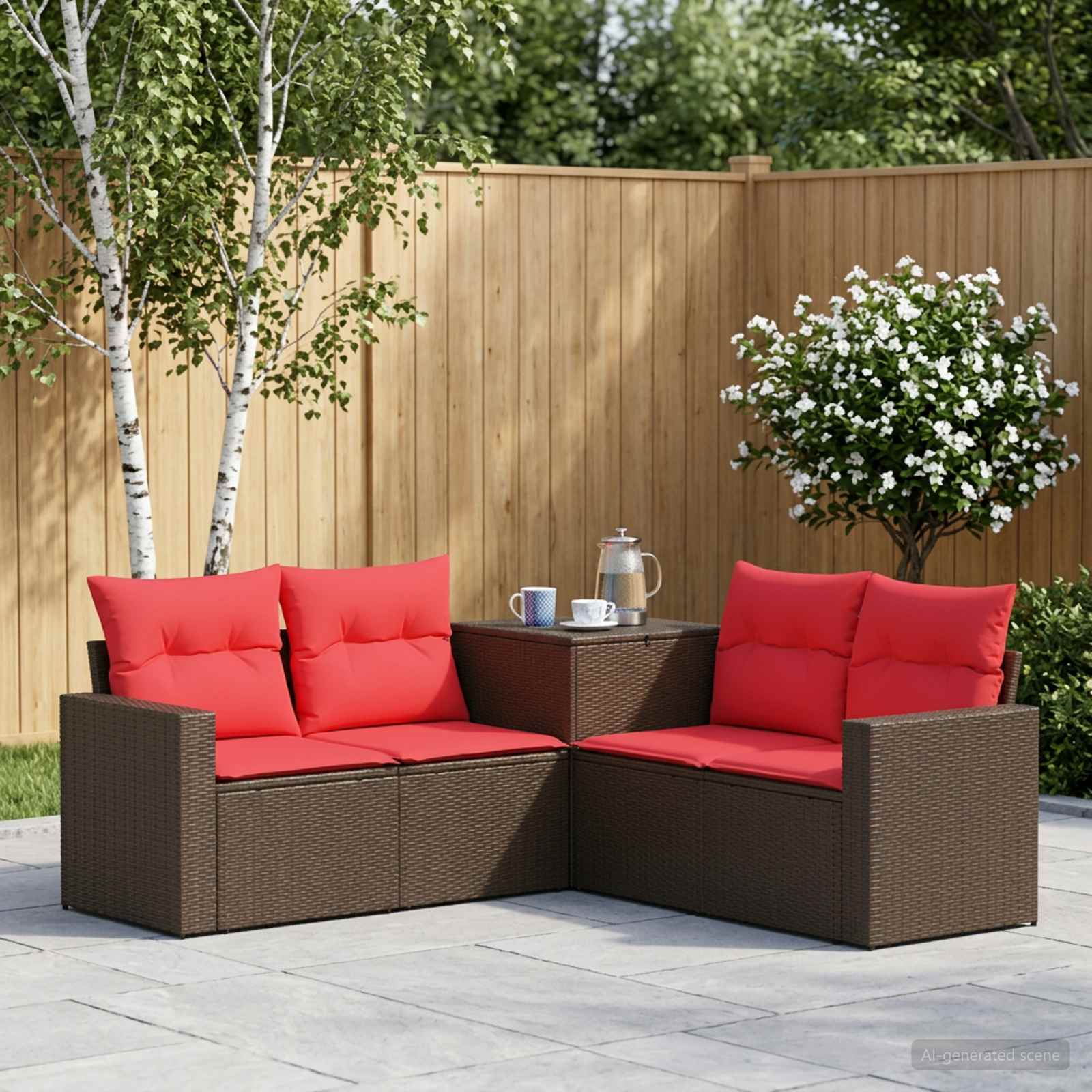 Sofa Set 5 stk. Braun und Rot Polyrattan und Stahl