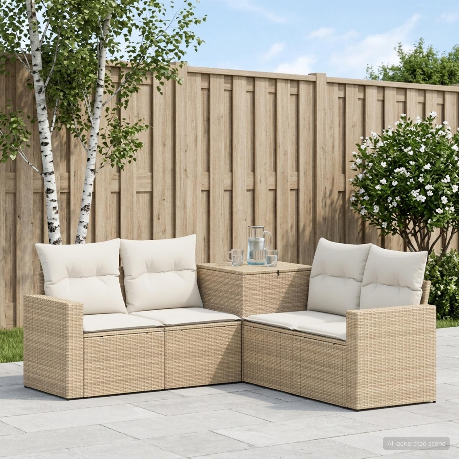 Sofa Set 5 stk. Beige und Cremeweiß Polyrattan und Stahl
