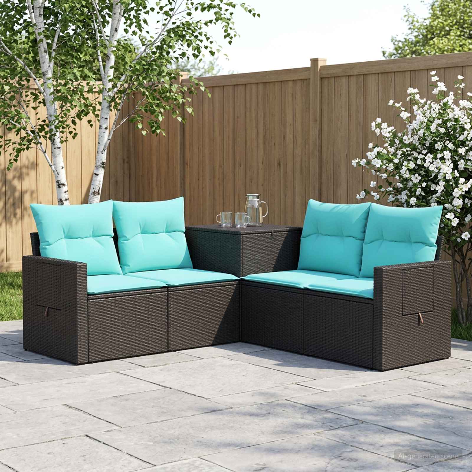 Sofa Set 5 stk. Schwarz und Blau Polyrattan und Stahl
