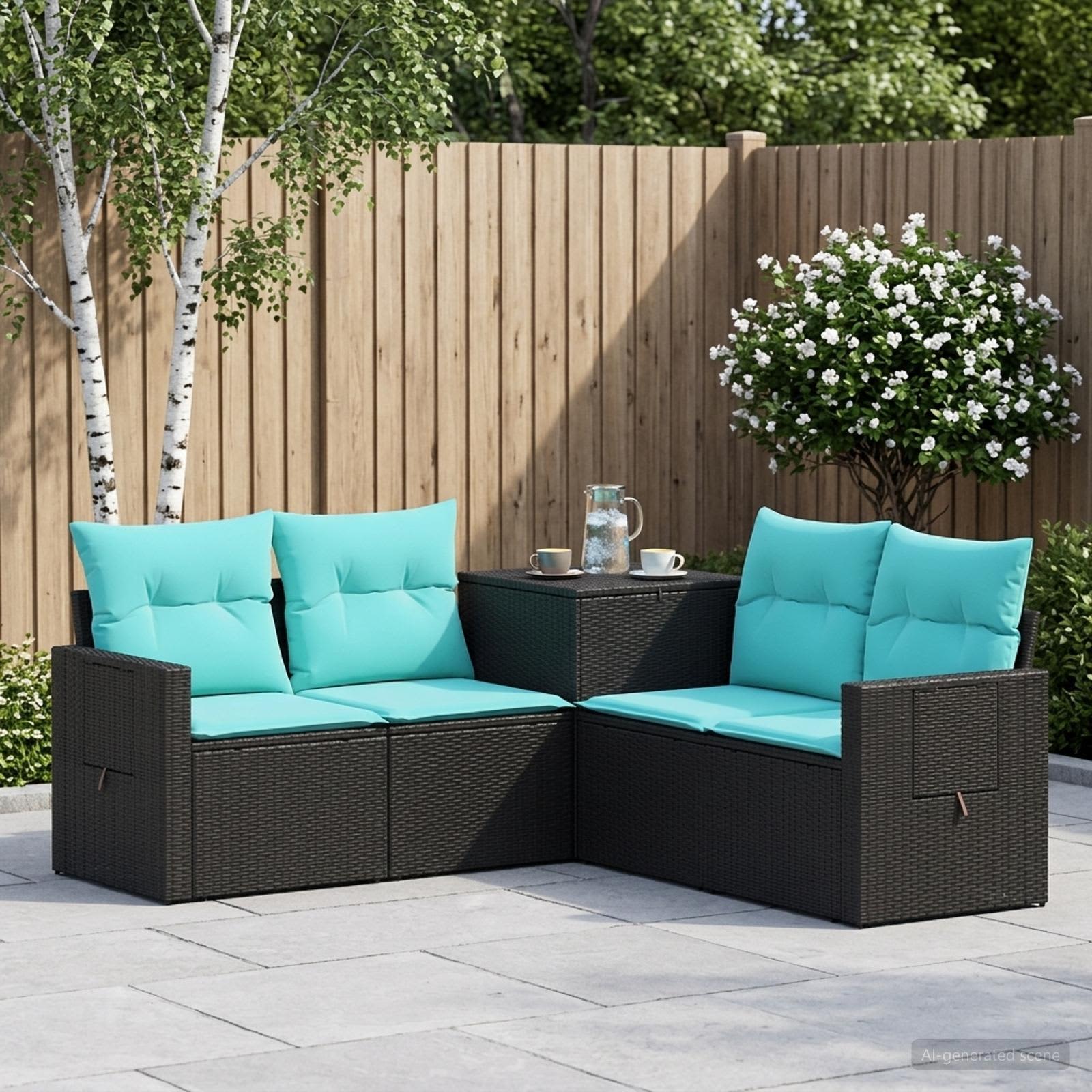 Sofa Set 5 stk. Schwarz und Blau Polyrattan und Stahl
