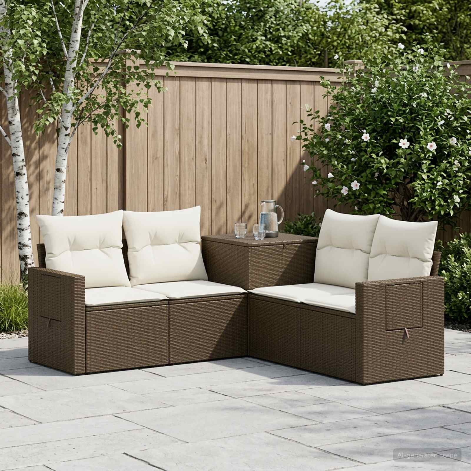 Sofa Set 5 stk. Braun und Creme Weiß Polyrattan und Stahl