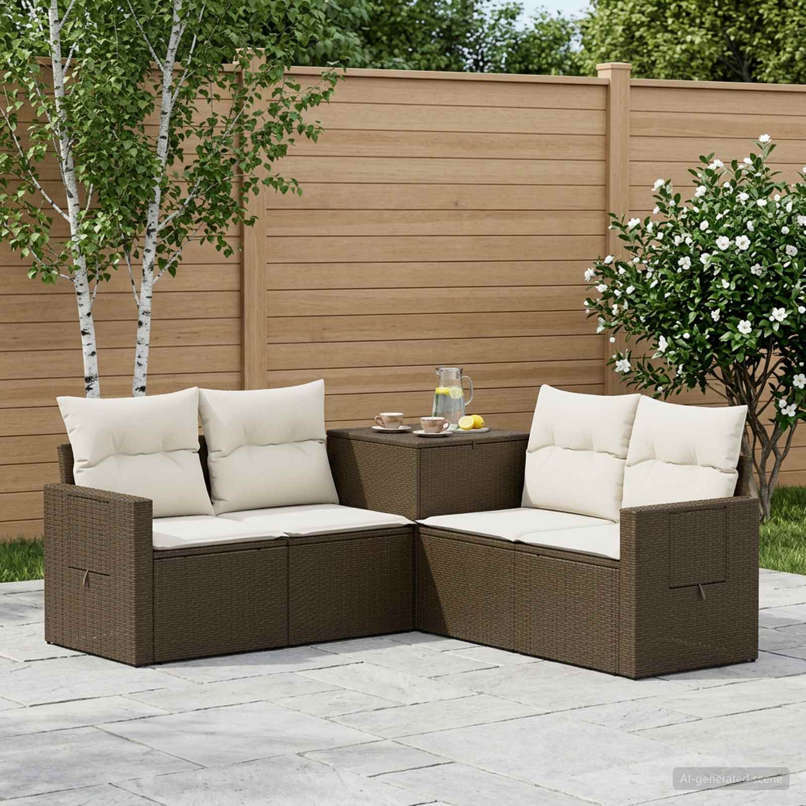 Sofa Set 5 stk. Braun und Creme Weiß Polyrattan und Stahl