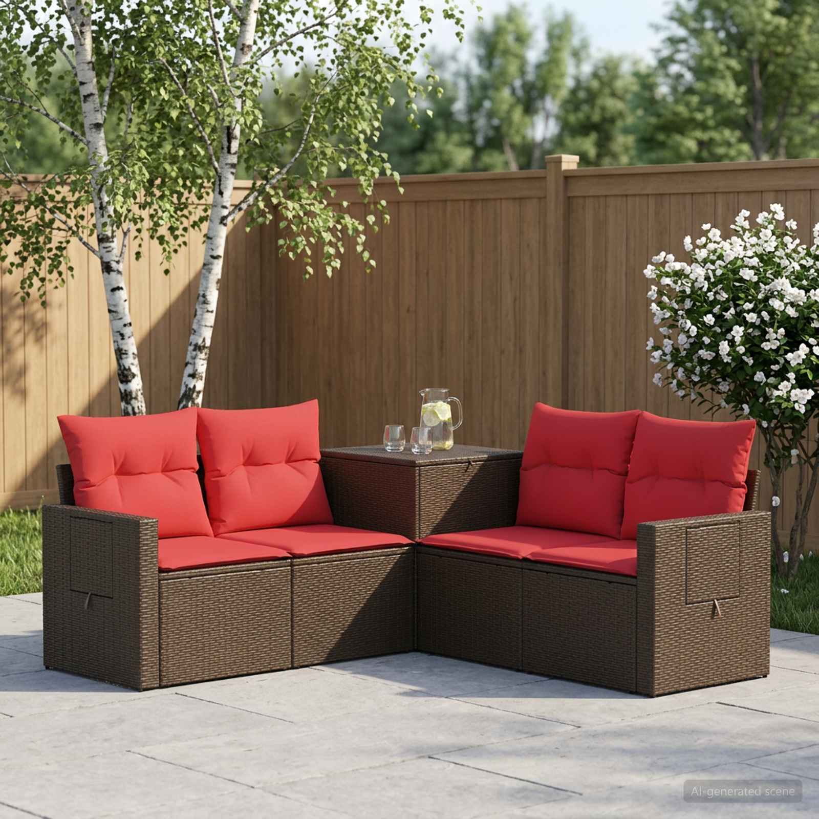 Sofa Set 5 stk. Braun und Rot Polyrattan und Stahl