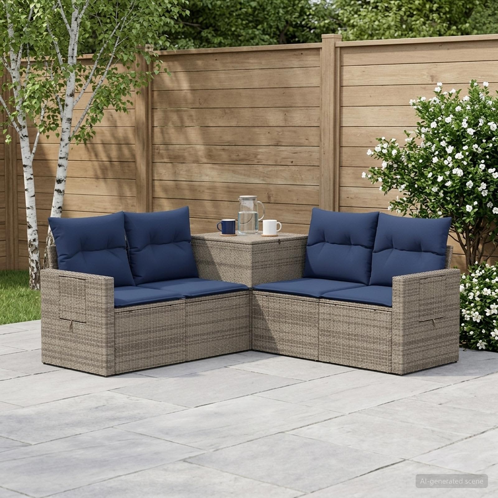 Sofa Set 5 stk. Grau und Marineblau Polyrattan und Stahl