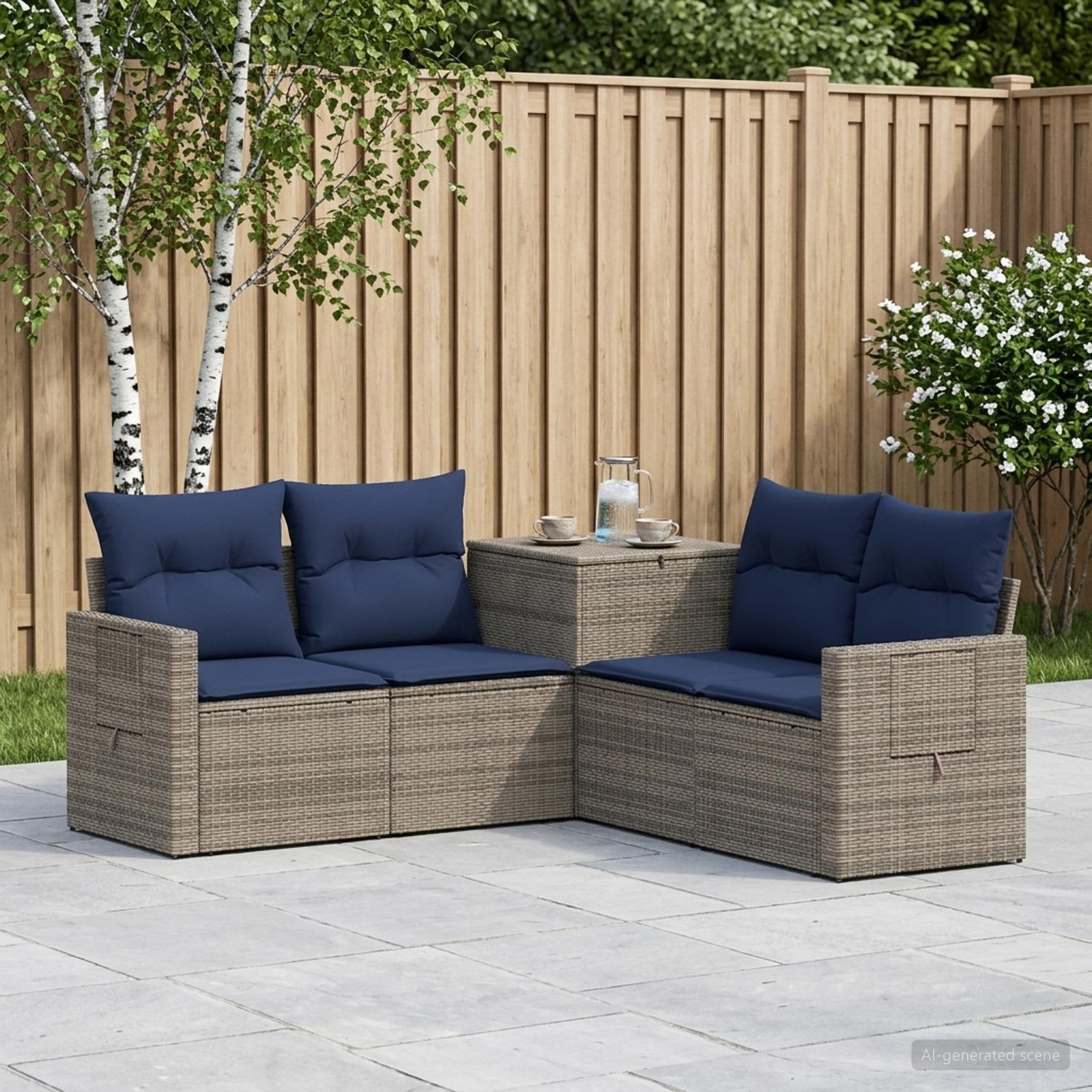 Sofa Set 5 stk. Grau und Marineblau Polyrattan und Stahl