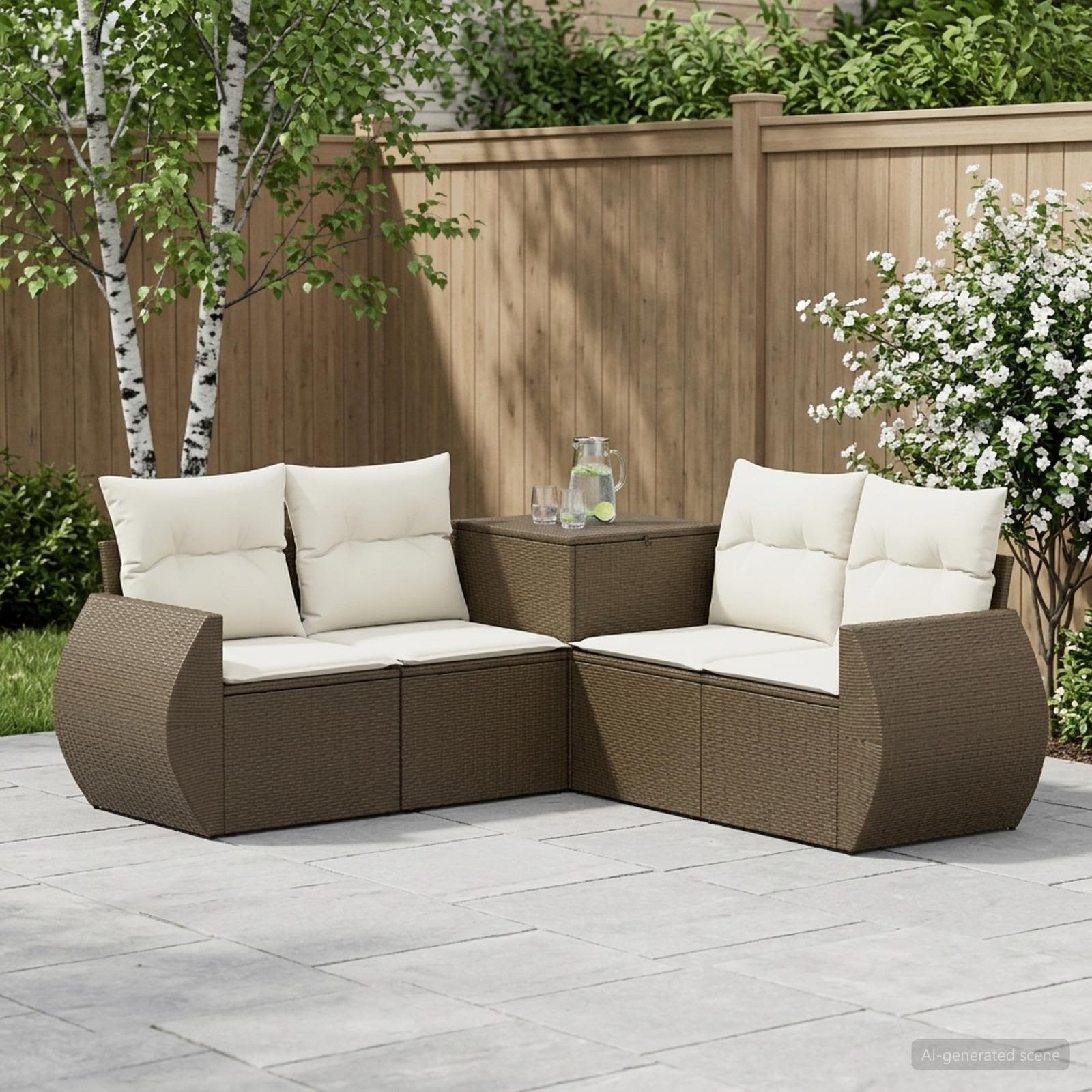Sofa Set 5 stk. Braun und Creme Weiß Polyrattan und Stahl