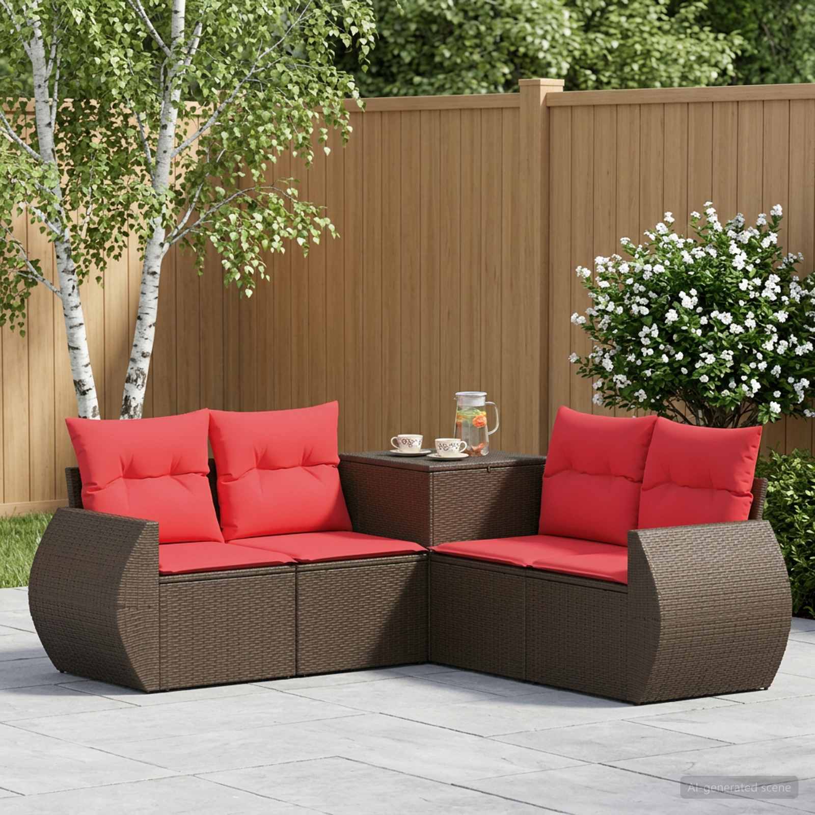 Sofa Set 5 stk. Braun und Rot Polyrattan und Stahl