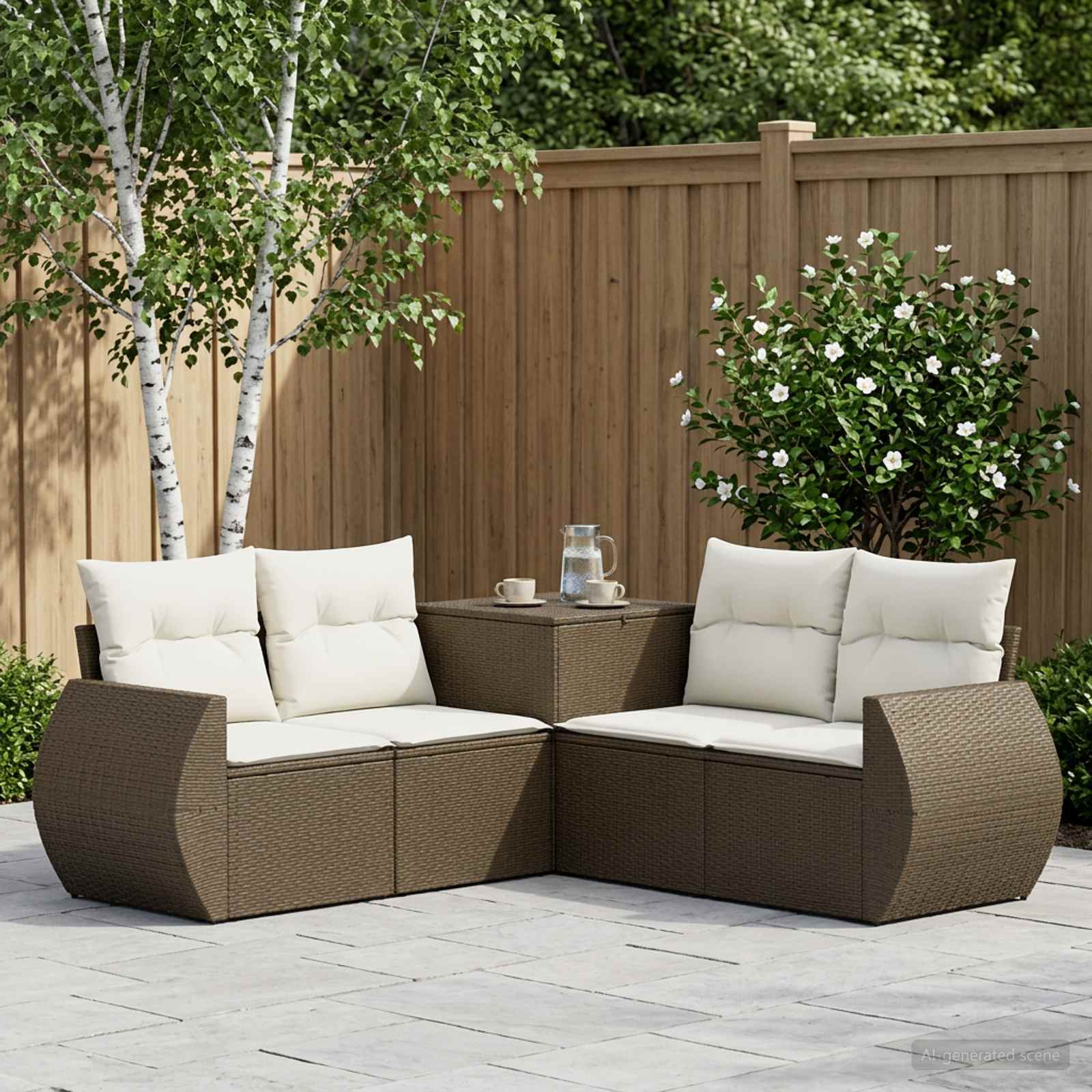 Sofa Set 5 stk. Braun und Creme Weiß Polyrattan und Stahl