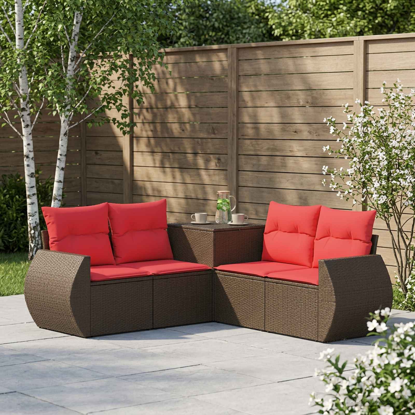 Sofa Set 5 stk. Braun und Rot Polyrattan und Stahl
