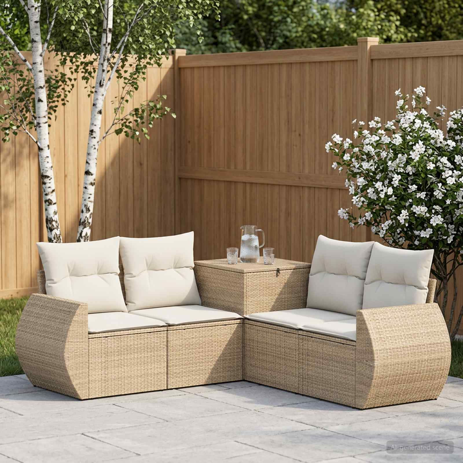 Sofa Set 5 stk. Beige und Cremeweiß Polyrattan und Stahl