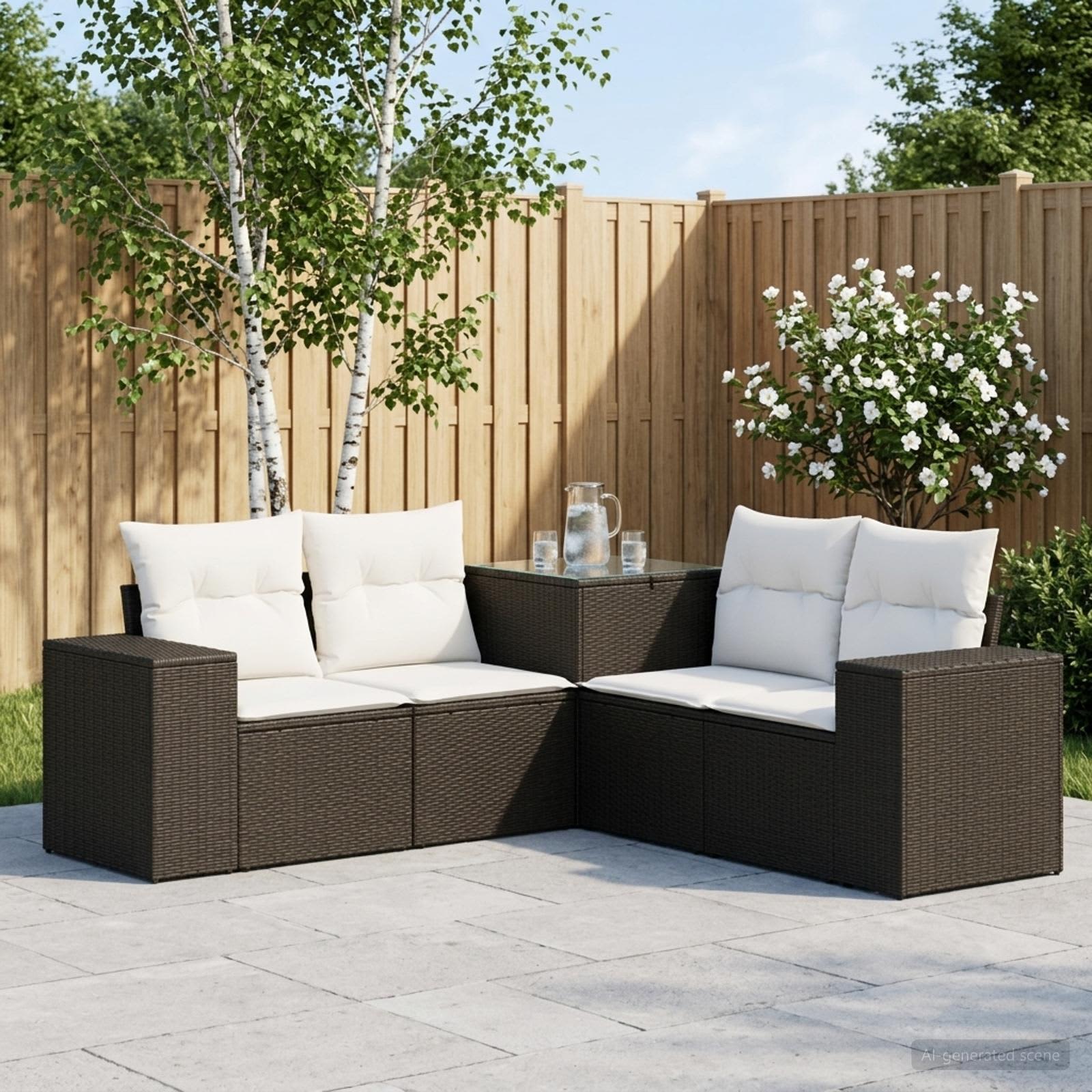 Sofa Set 5 stk. Schwarz und Cremeweiß Polyrattan und Stahl