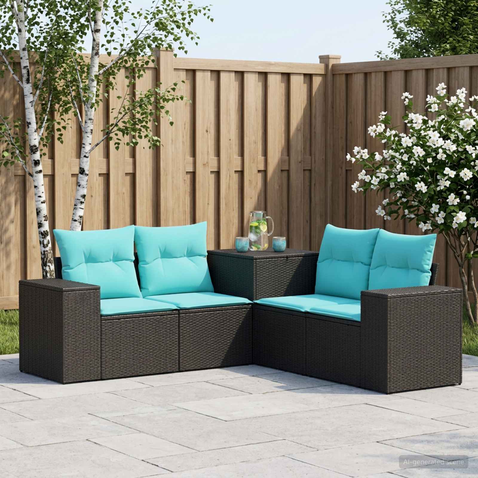Sofa Set 5 stk. Schwarz und Blau Polyrattan und Stahl