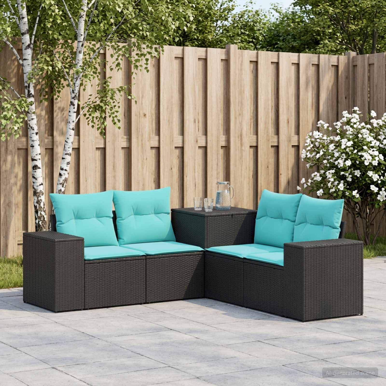 Sofa Set 5 stk. Schwarz und Blau Polyrattan und Stahl