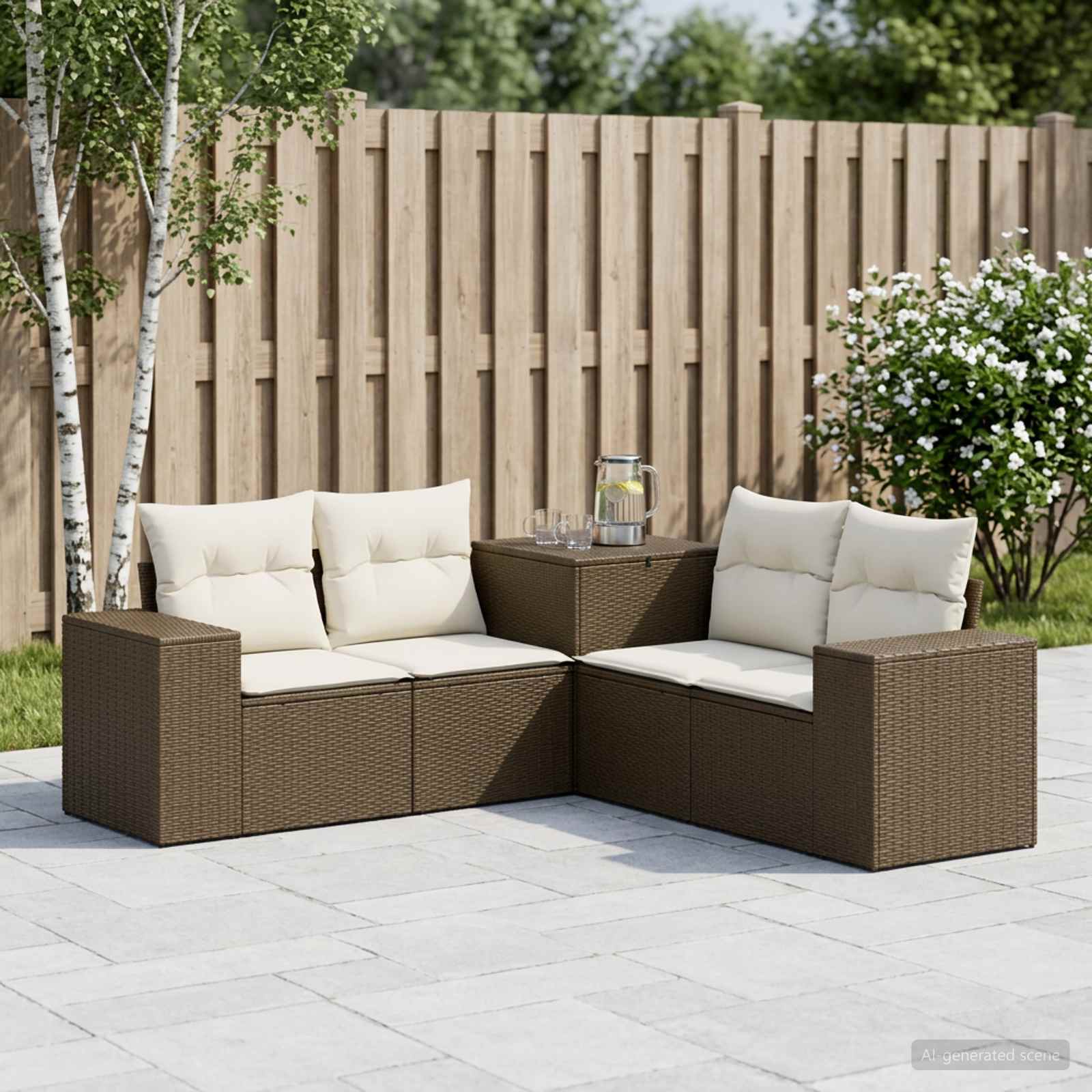 Sofa Set 5 stk. Braun und Creme Weiß Polyrattan und Stahl