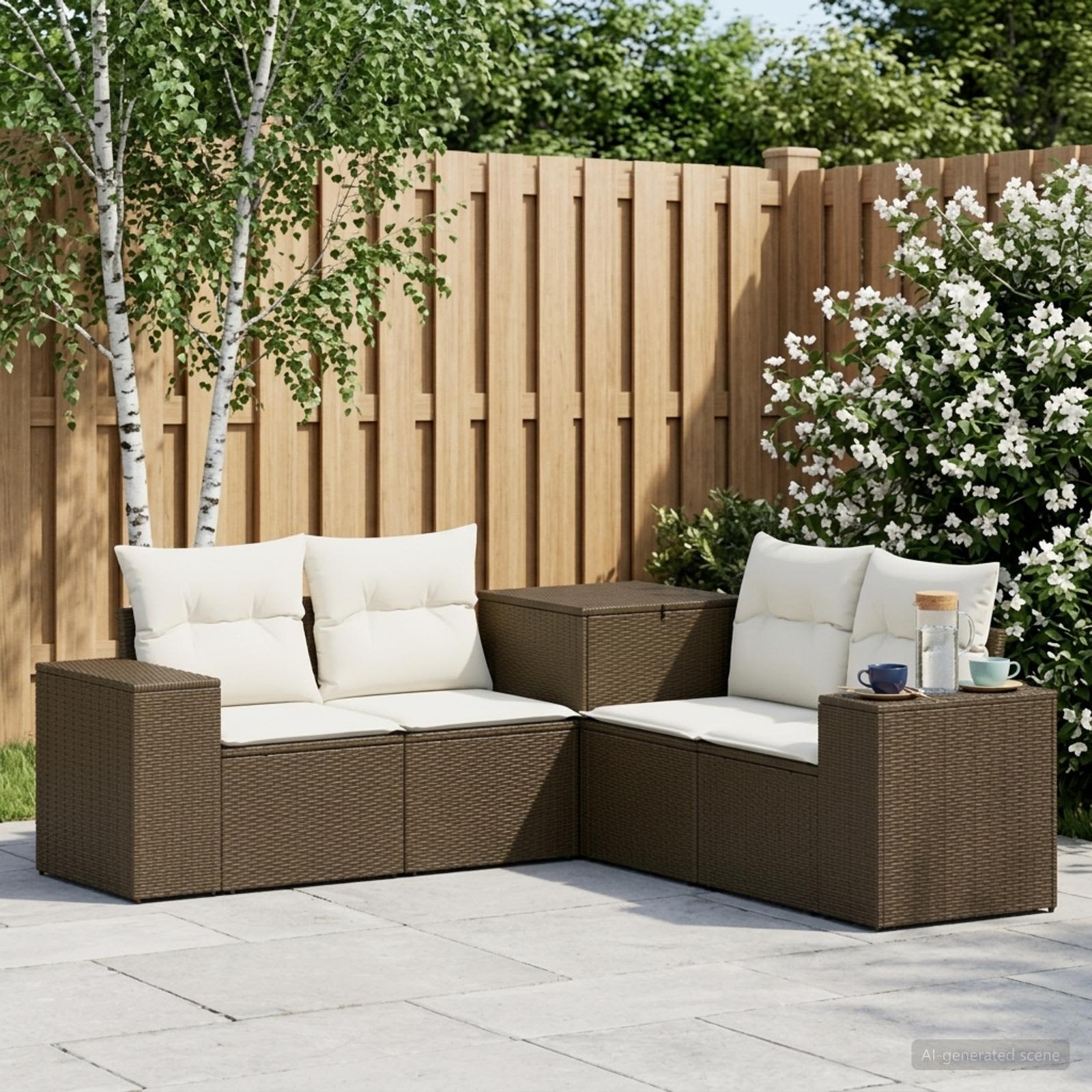 Sofa Set 5 stk. Braun und Creme Weiß Polyrattan und Stahl