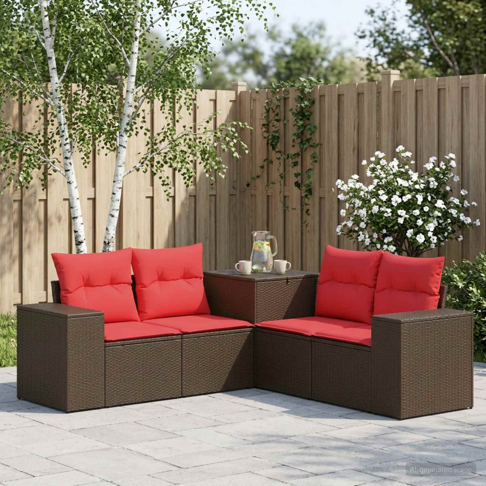 Sofa Set 5 stk. Braun und Rot Polyrattan und Stahl