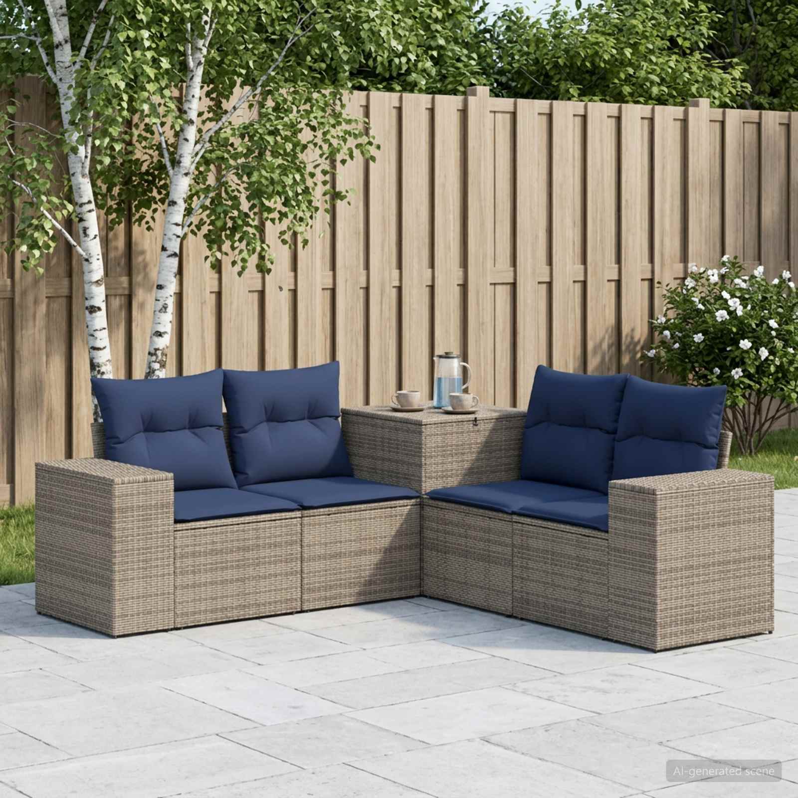 Sofa Set 5 stk. Grau und Marineblau Polyrattan und Stahl