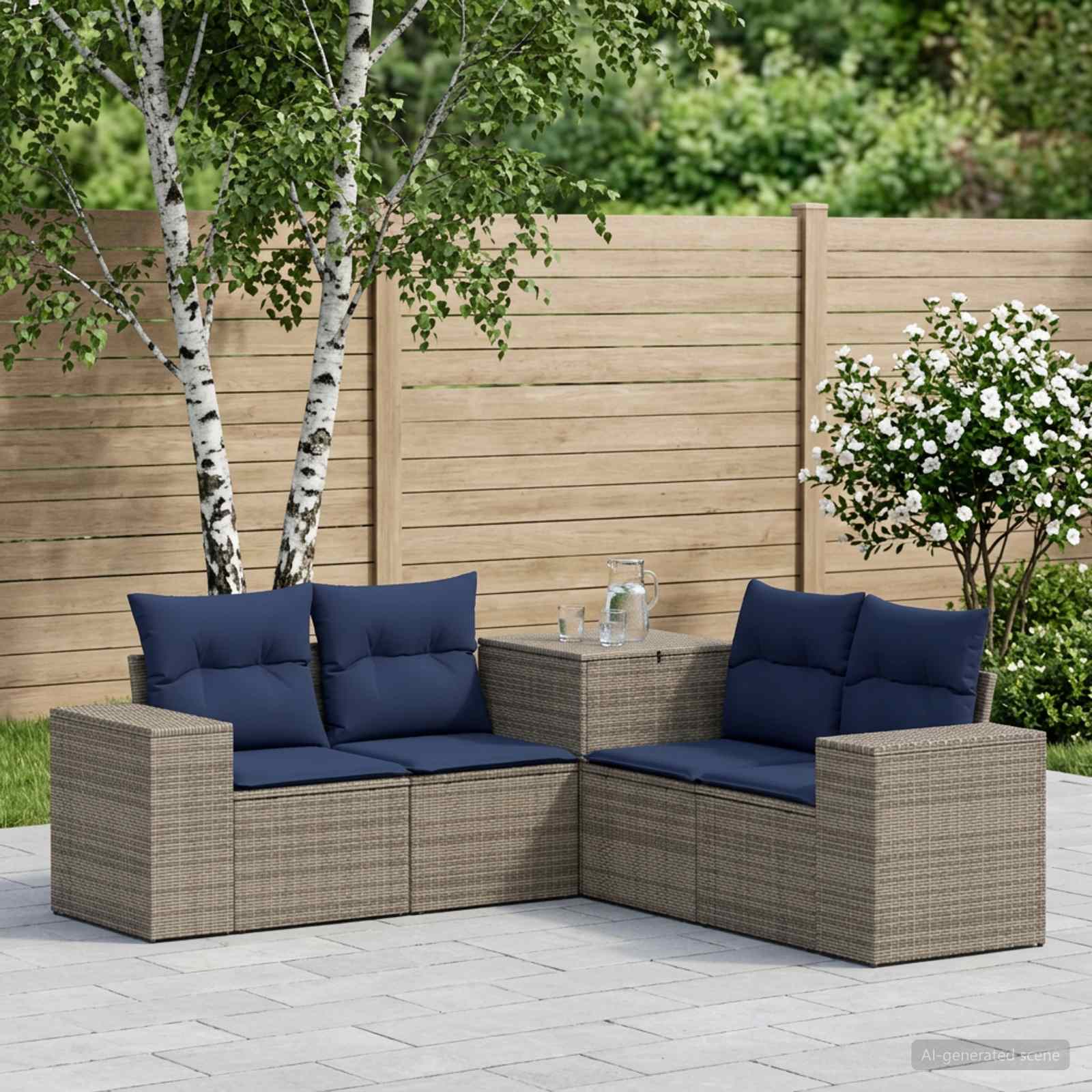 Sofa Set 5 stk. Grau und Marineblau Polyrattan und Stahl