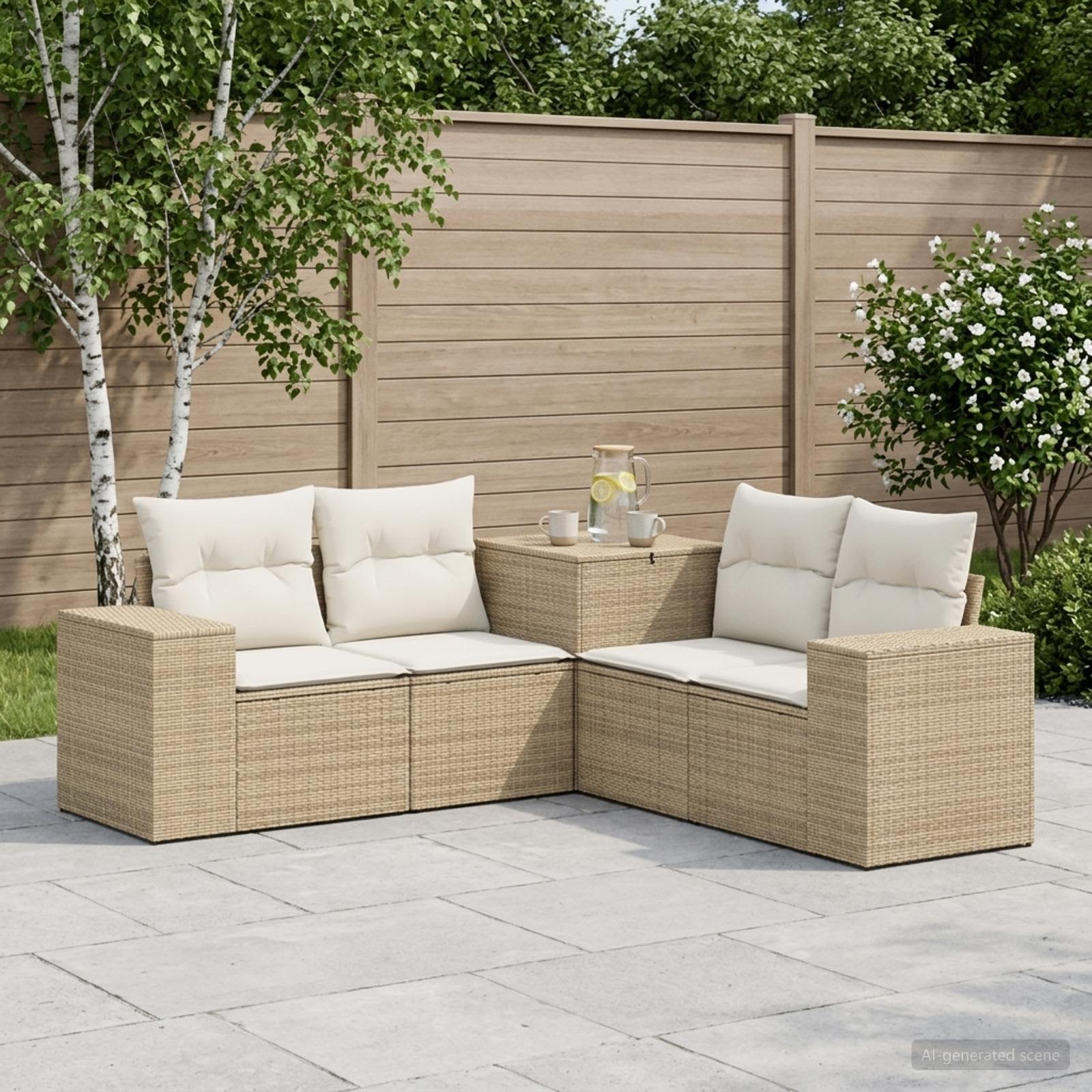 Sofa Set 5 stk. Beige und Cremeweiß Polyrattan und Stahl