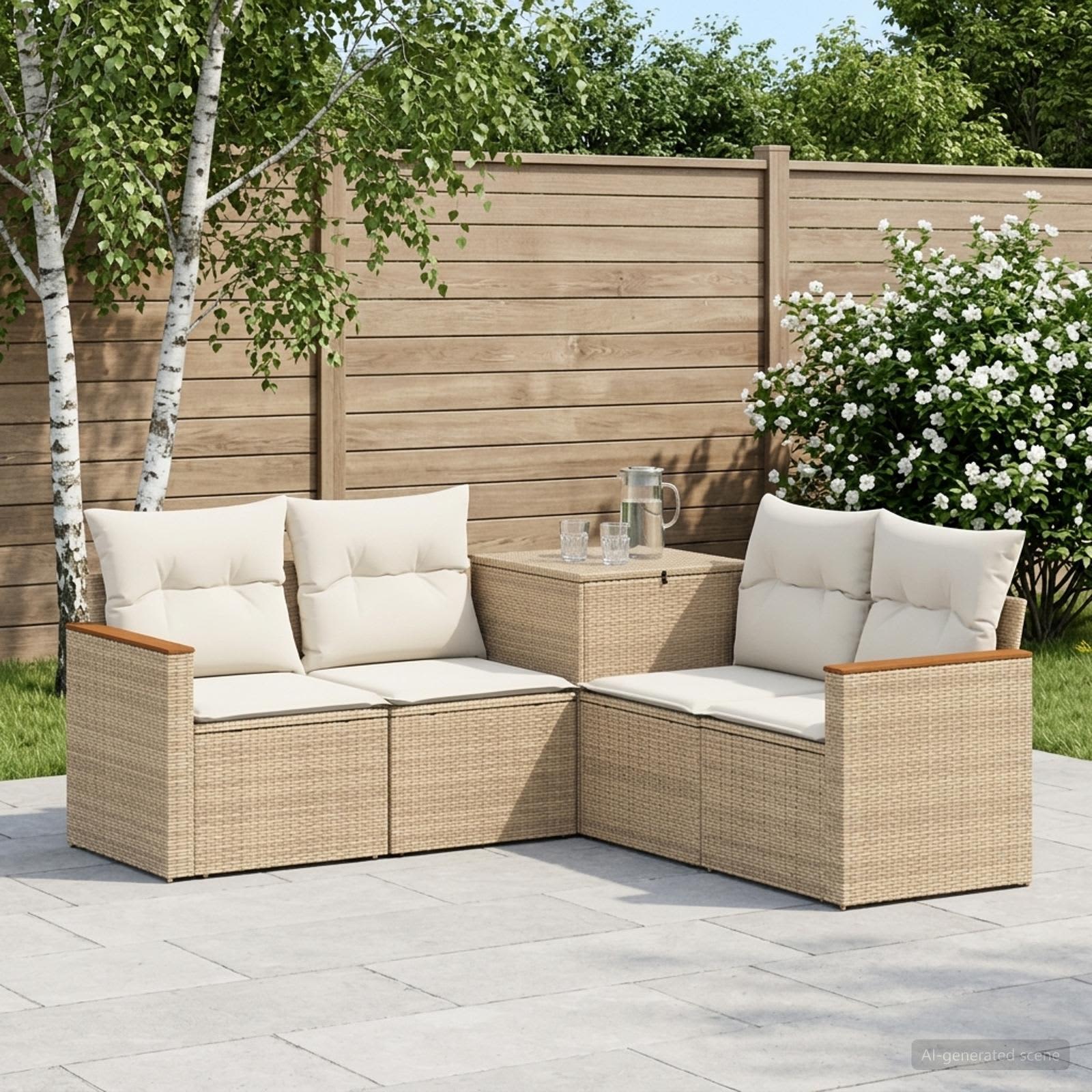 Sofa Set 5 stk. Beige und Cremeweiß Polyrattan und Stahl