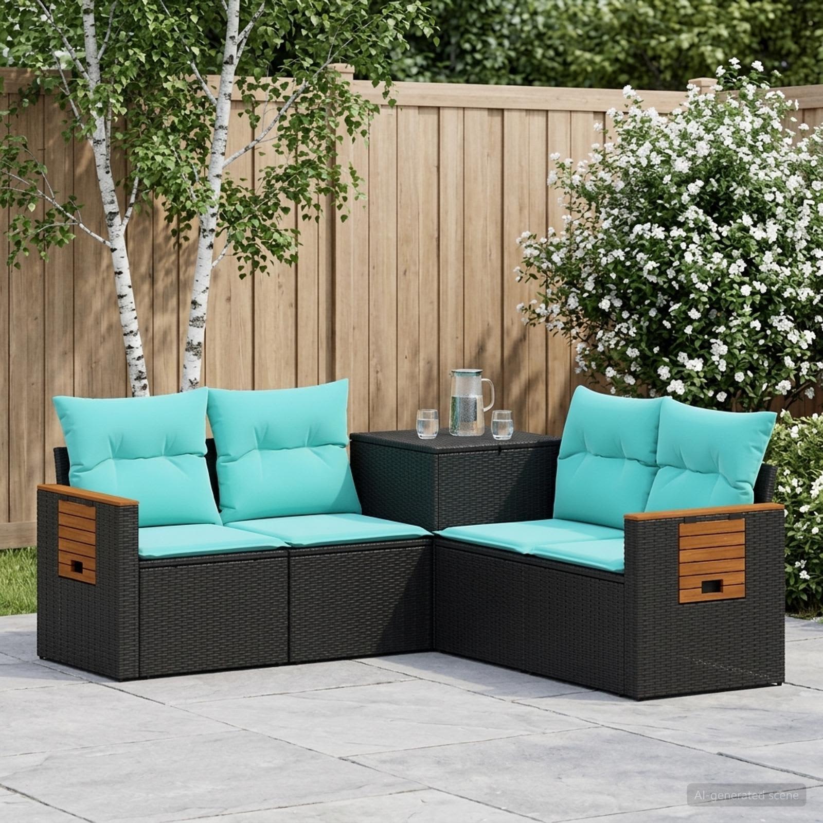 Sofa Set 5 stk. Schwarz und Blau Polyrattan und Stahl