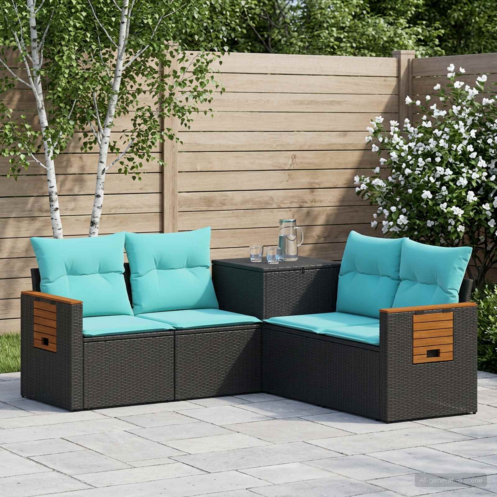 Sofa Set 5 stk. Schwarz und Blau Polyrattan und Stahl