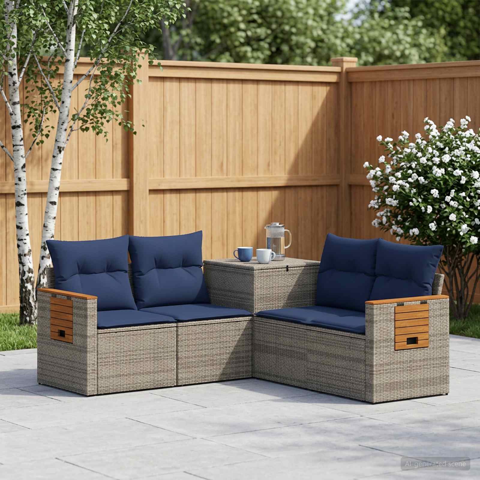 Sofa Set 5 stk. Grau und Marineblau Polyrattan und Stahl