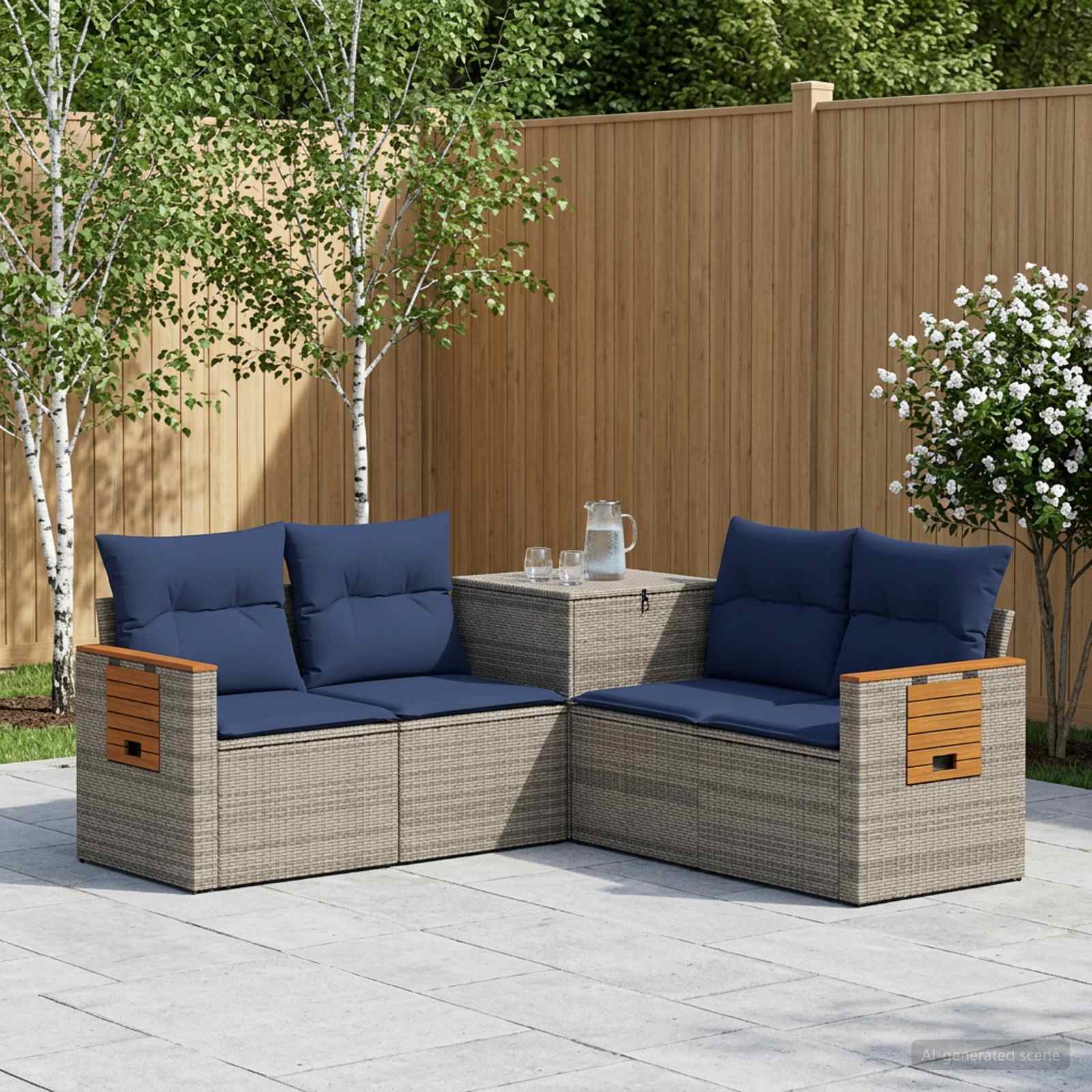 Sofa Set 5 stk. Grau und Marineblau Polyrattan und Stahl
