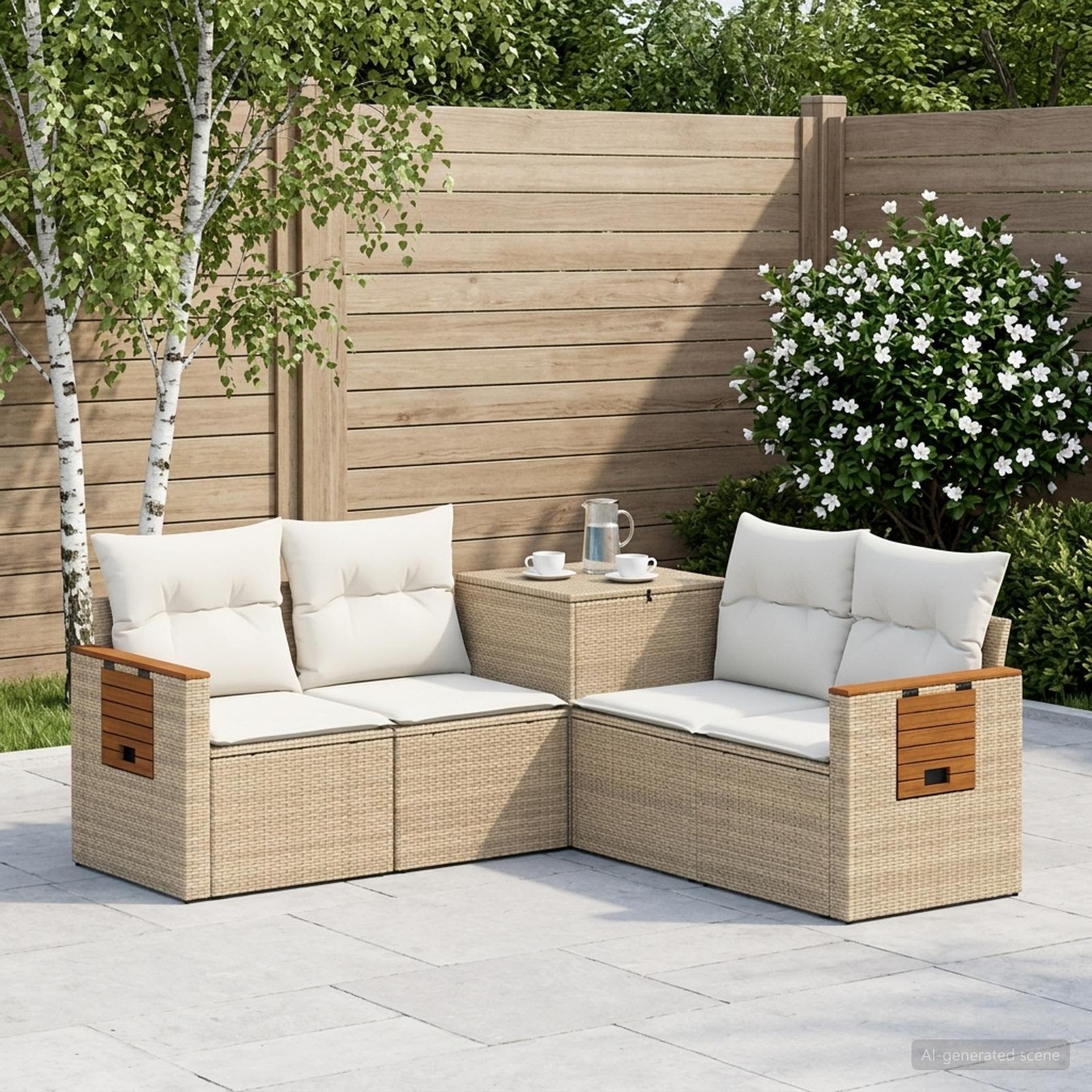 Sofa Set 5 stk. Beige und Cremeweiß Polyrattan und Stahl