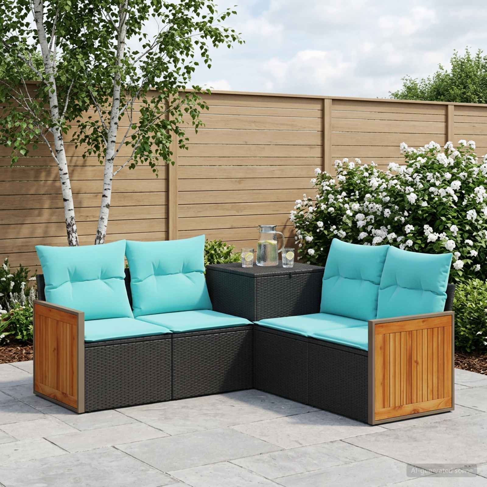 Sofa Set 5 stk. Schwarz und Blau Polyrattan und Stahl