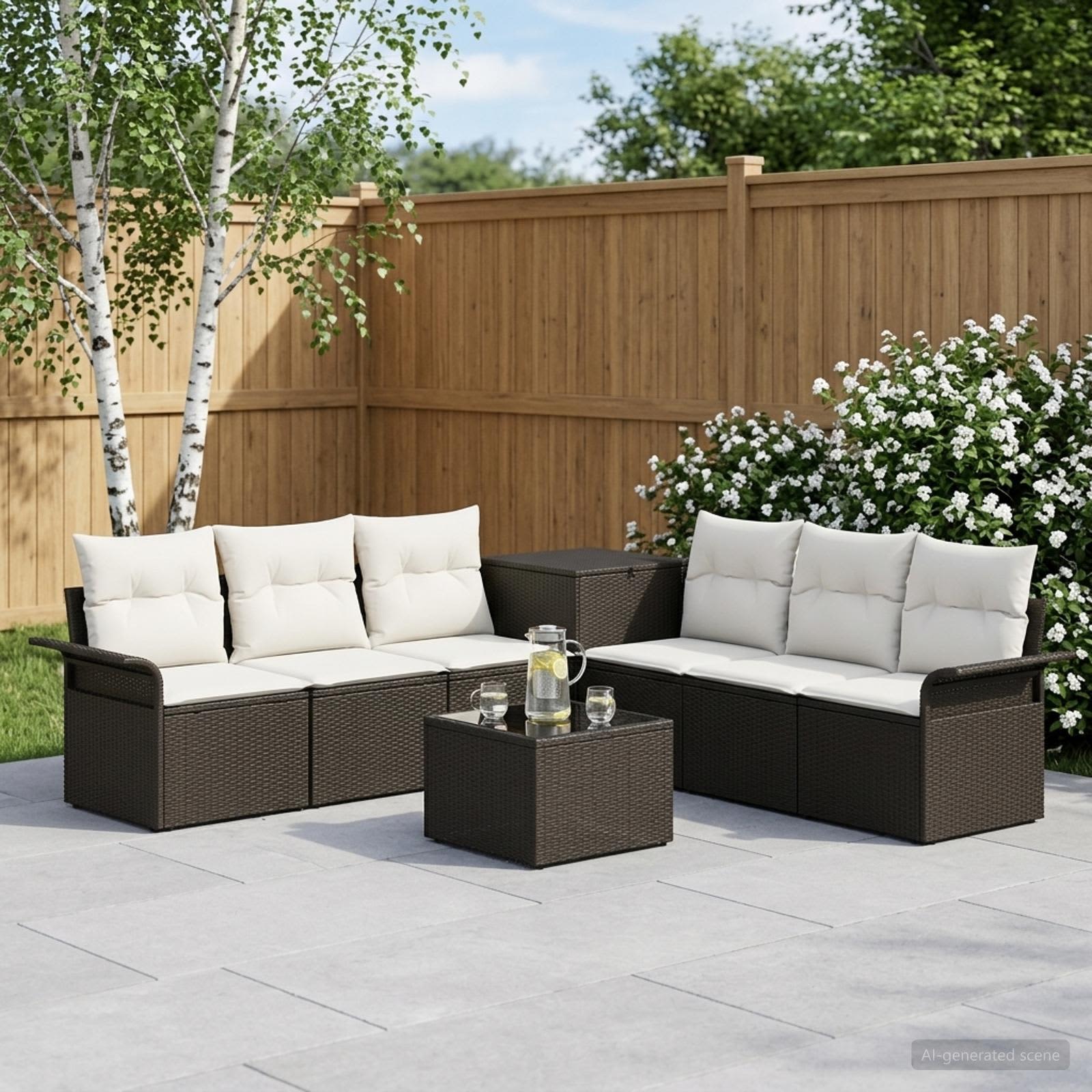 Sofa Set 8 stk. Schwarz und Cremeweiß Polyrattan und Stahl