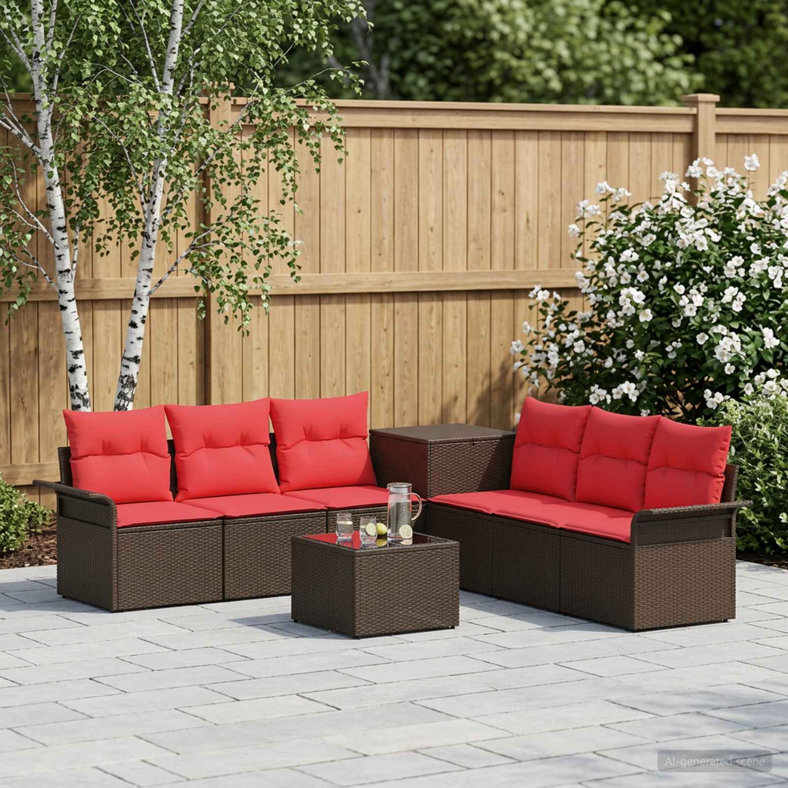 Sofa Set 8 stk. Braun und Rot Polyrattan und Stahl
