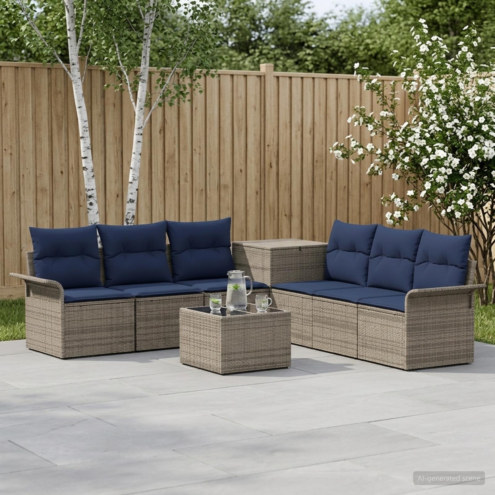 Sofa Set 8 stk. Grau und Marineblau Polyrattan und Stahl