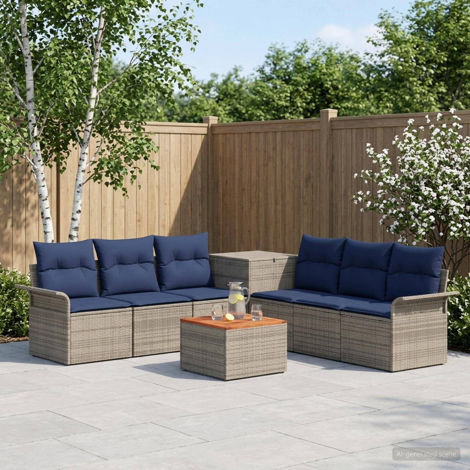 Sofa Set 8 stk. Grau und Marineblau Polyrattan und Stahl
