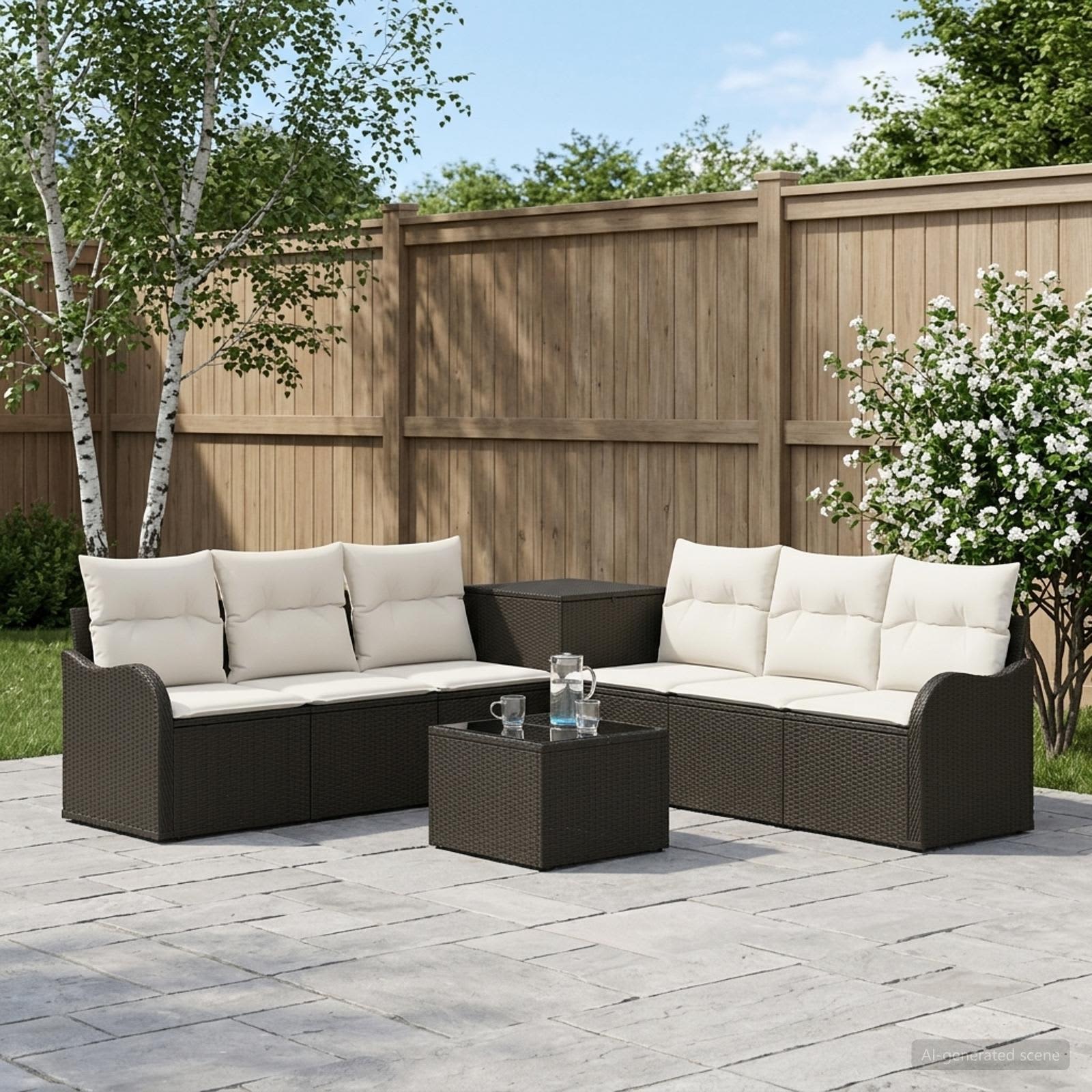 Sofa Set 8 stk. Schwarz und Cremeweiß Polyrattan und Stahl