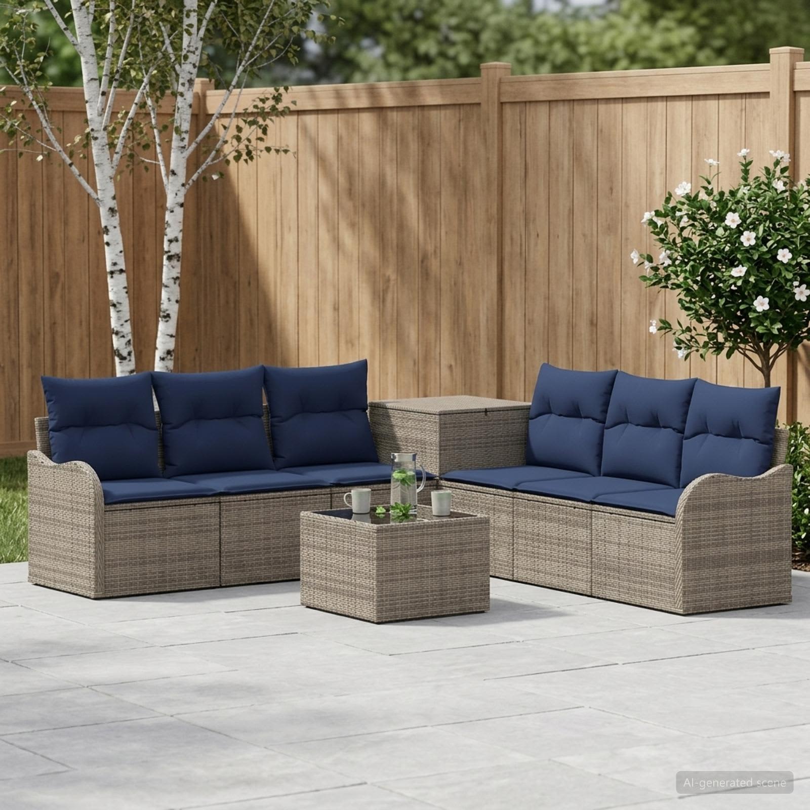 Sofa Set 8 stk. Grau und Marineblau Polyrattan und Stahl