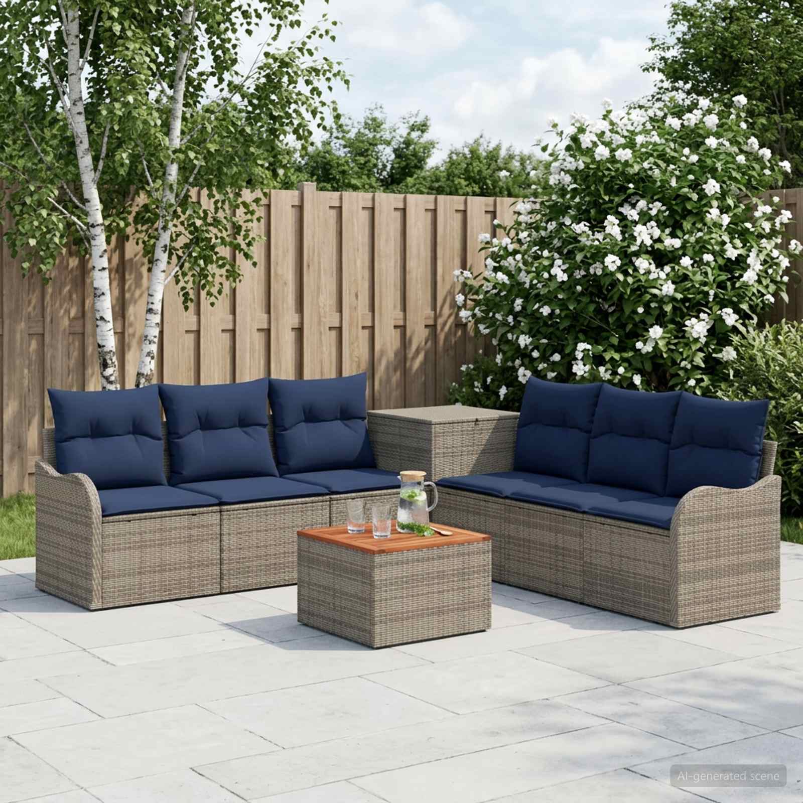 Sofa Set 8 stk. Grau und Marineblau Polyrattan und Stahl