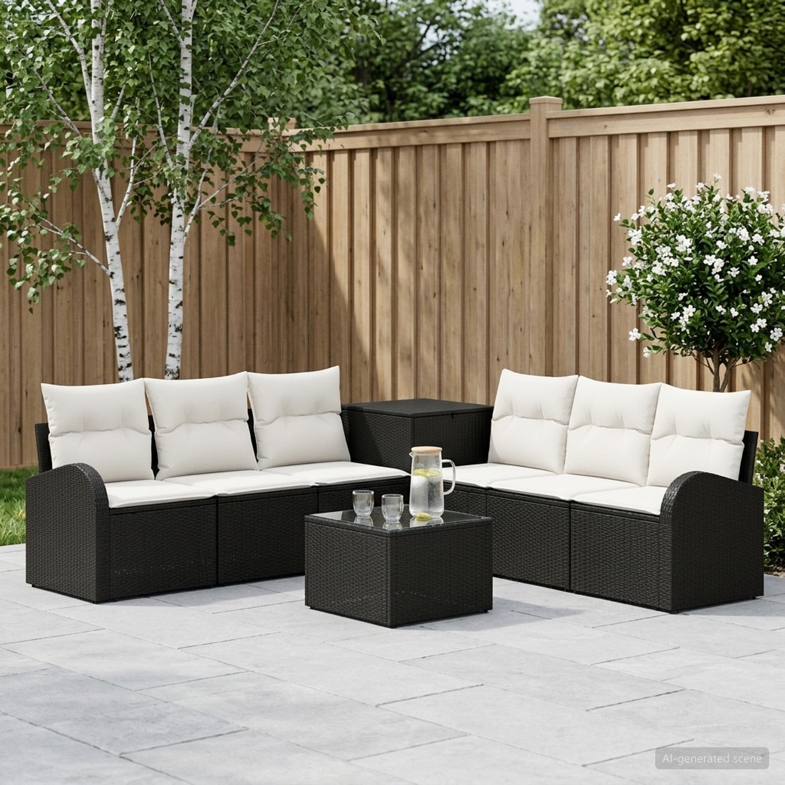 Sofa Set 8 stk. Schwarz und Cremeweiß Polyrattan und Stahl