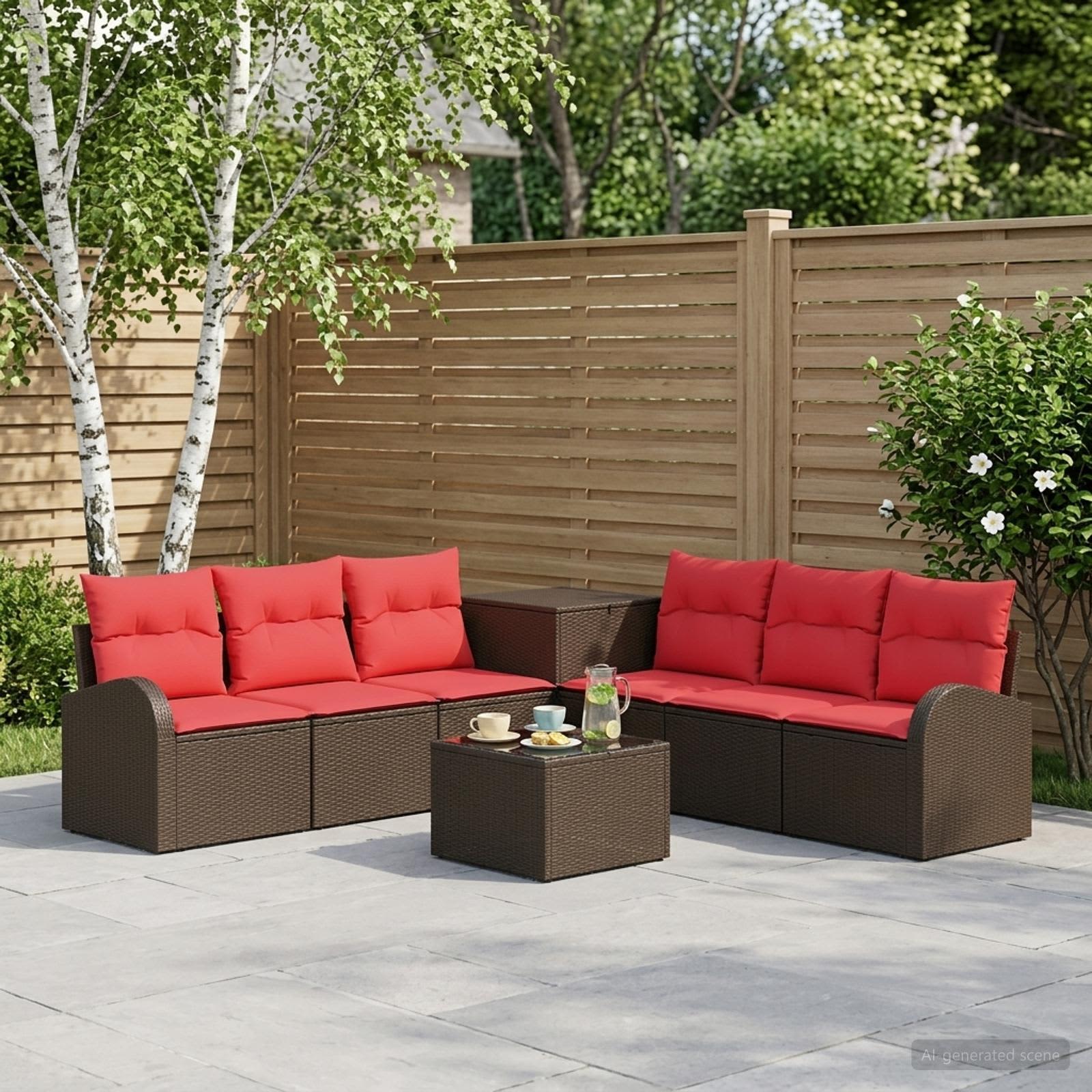 Sofa Set 8 stk. Braun und Rot Polyrattan und Stahl