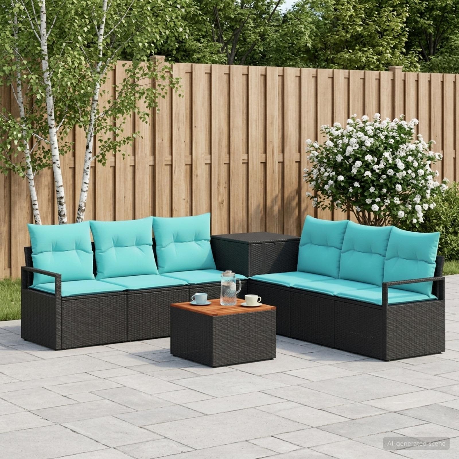 Sofa Set 8 stk. Schwarz und Blau Polyrattan und Stahl