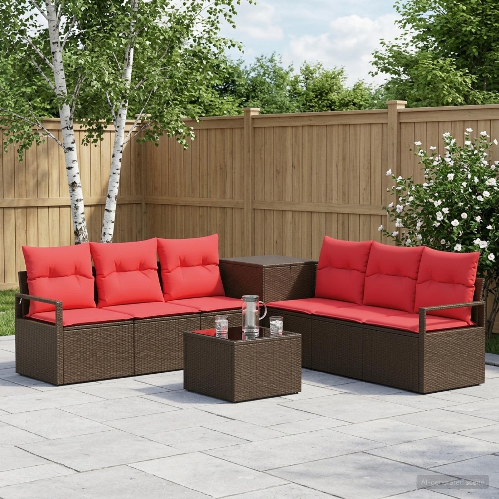 Sofa Set 8 stk. Braun und Rot Polyrattan und Stahl