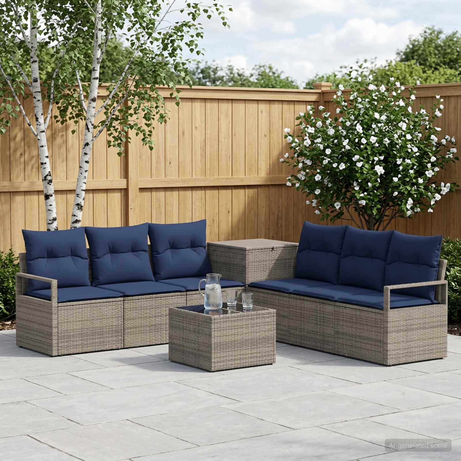 Sofa Set 8 stk. Grau und Marineblau Polyrattan und Stahl