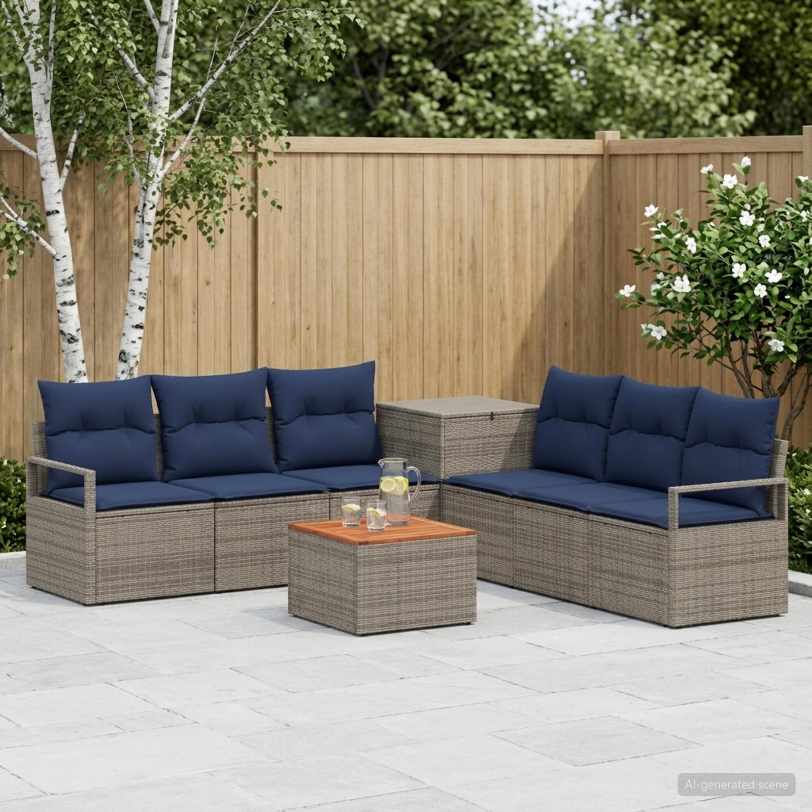 Sofa Set 8 stk. Grau und Marineblau Polyrattan und Stahl